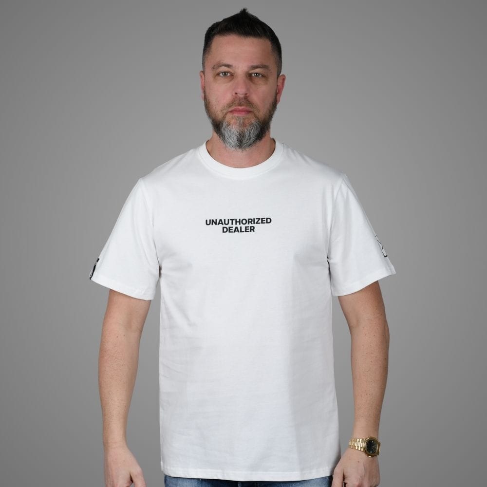 Luxury Bazaar White "Unauthorized Dealer"® Crewneck T-Shirt
