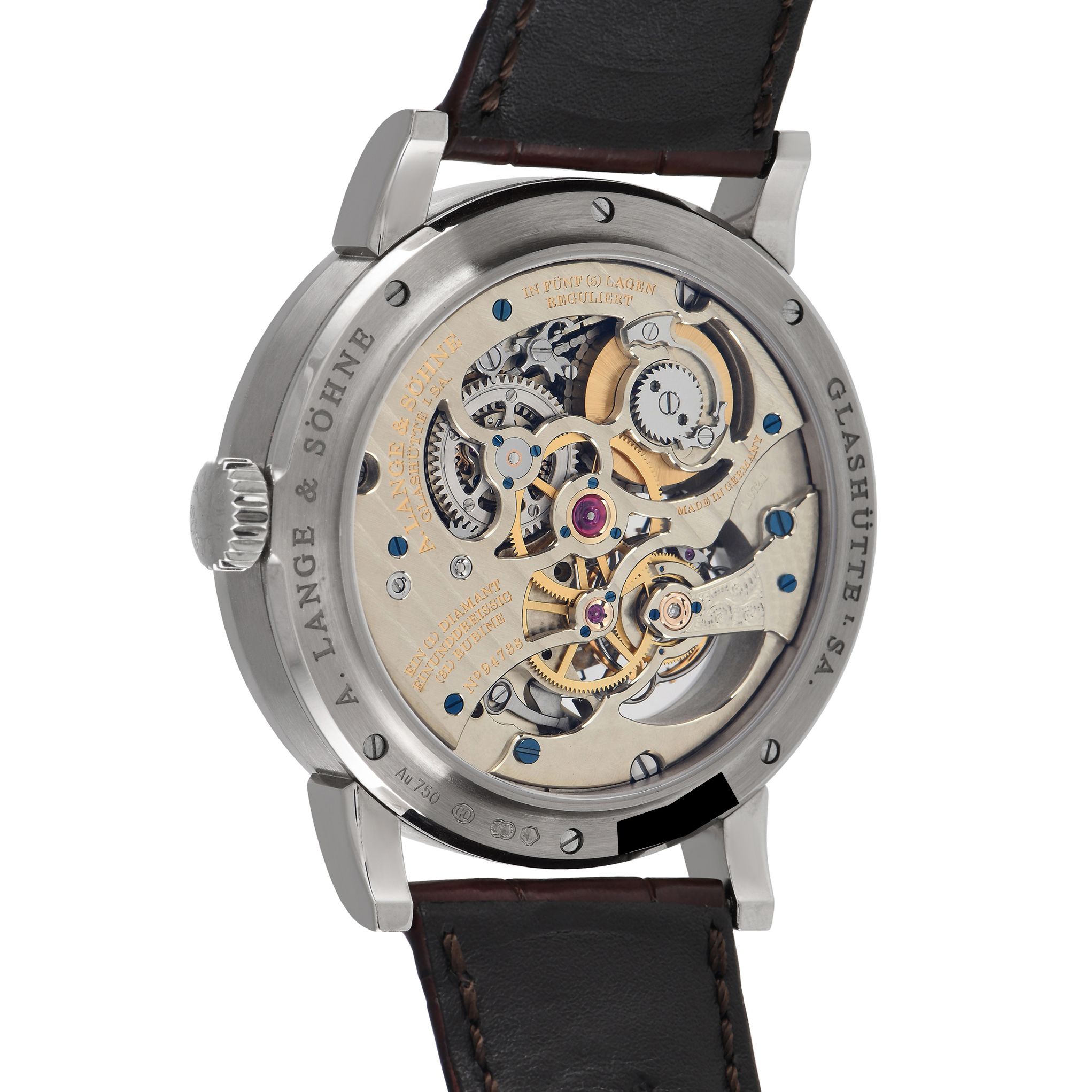 Finished to standard Lange perfection, the Richard Lange Tourbillon "Pour le Mérite" is unquestionably a breathtaking watch. It boasts a one-minute tourbillon and fusée-and-chain transmission that enables the watch to keep running at an exact rate. The technically impressive mechanism is housed on a 41.9mm case in 18K white gold, worn on an alligator leather strap. This timepiece's argenté-colored solid-silver dial presents a striking layout, with blued steel hands and overlapping sub-dials. This special edition model was only made available exclusively in Lange boutiques. This pre-owned A. Lange & Söhne Richard Lange Tourbillon "Pour le Mérite" 18K White Gold Men's Watch 760.026F comes with papers, an extra pair of leather straps, and the manufacturer's box.