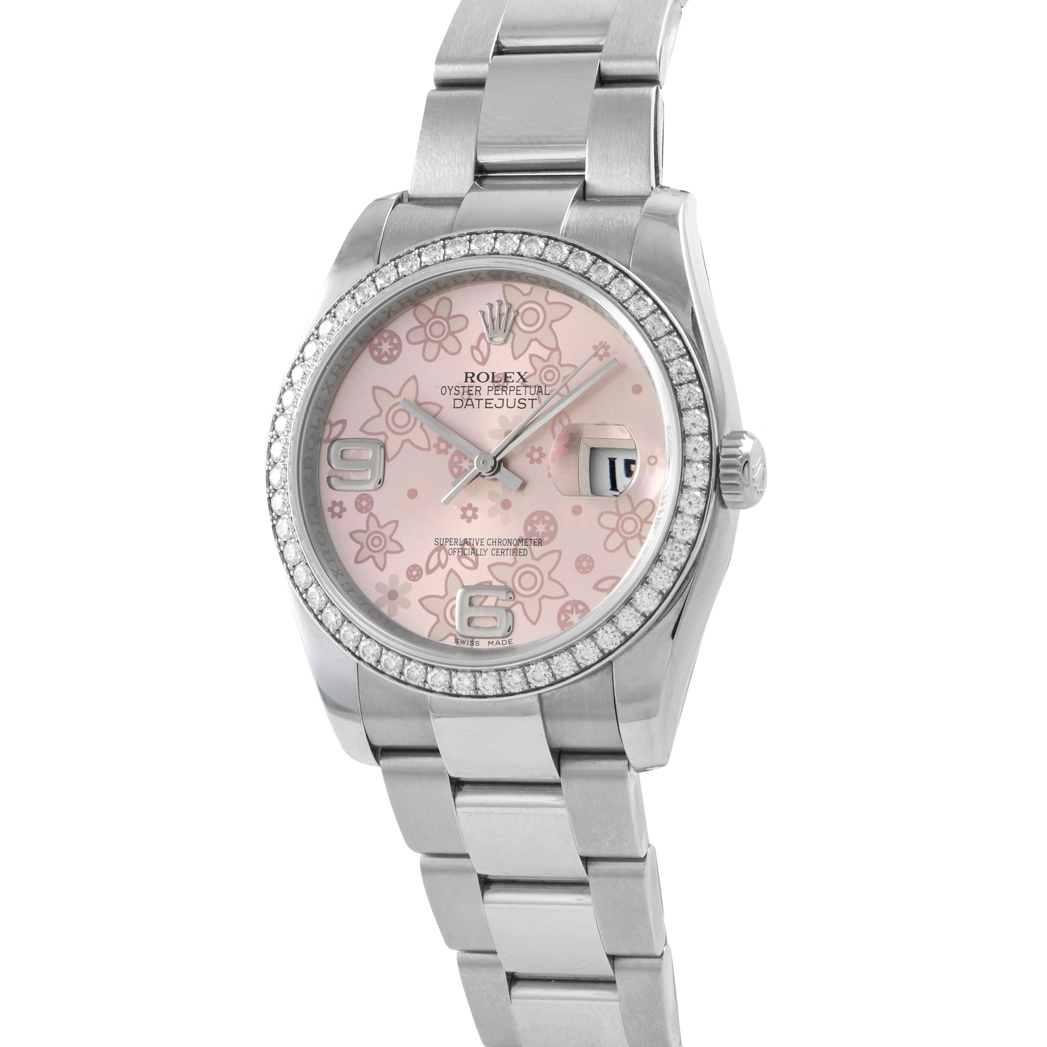 Rolex Datejust 36 Pink Floral Dial Diamond Bezel Watch 116244