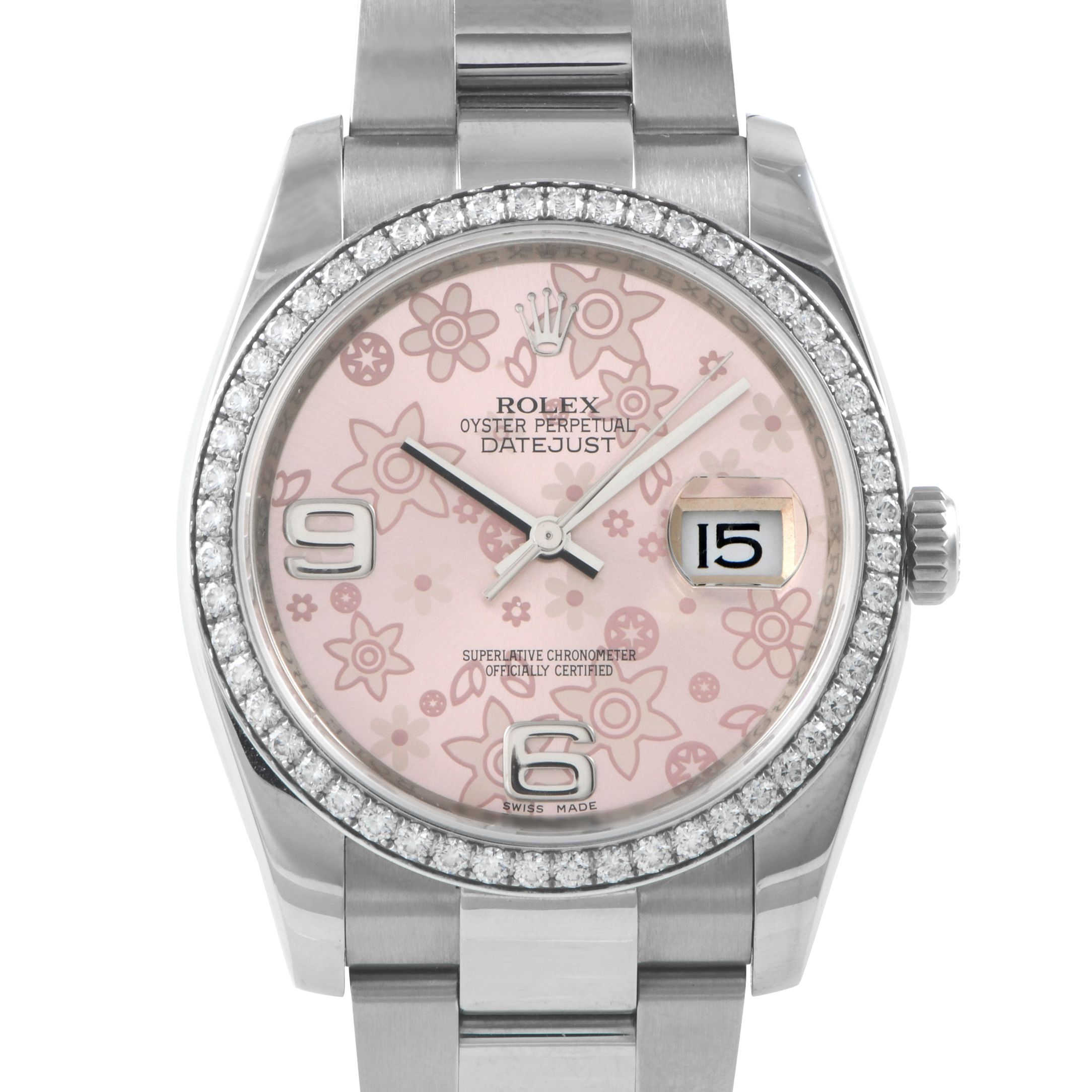 Rolex Datejust 36 Pink Floral Dial Diamond Bezel Watch 116244