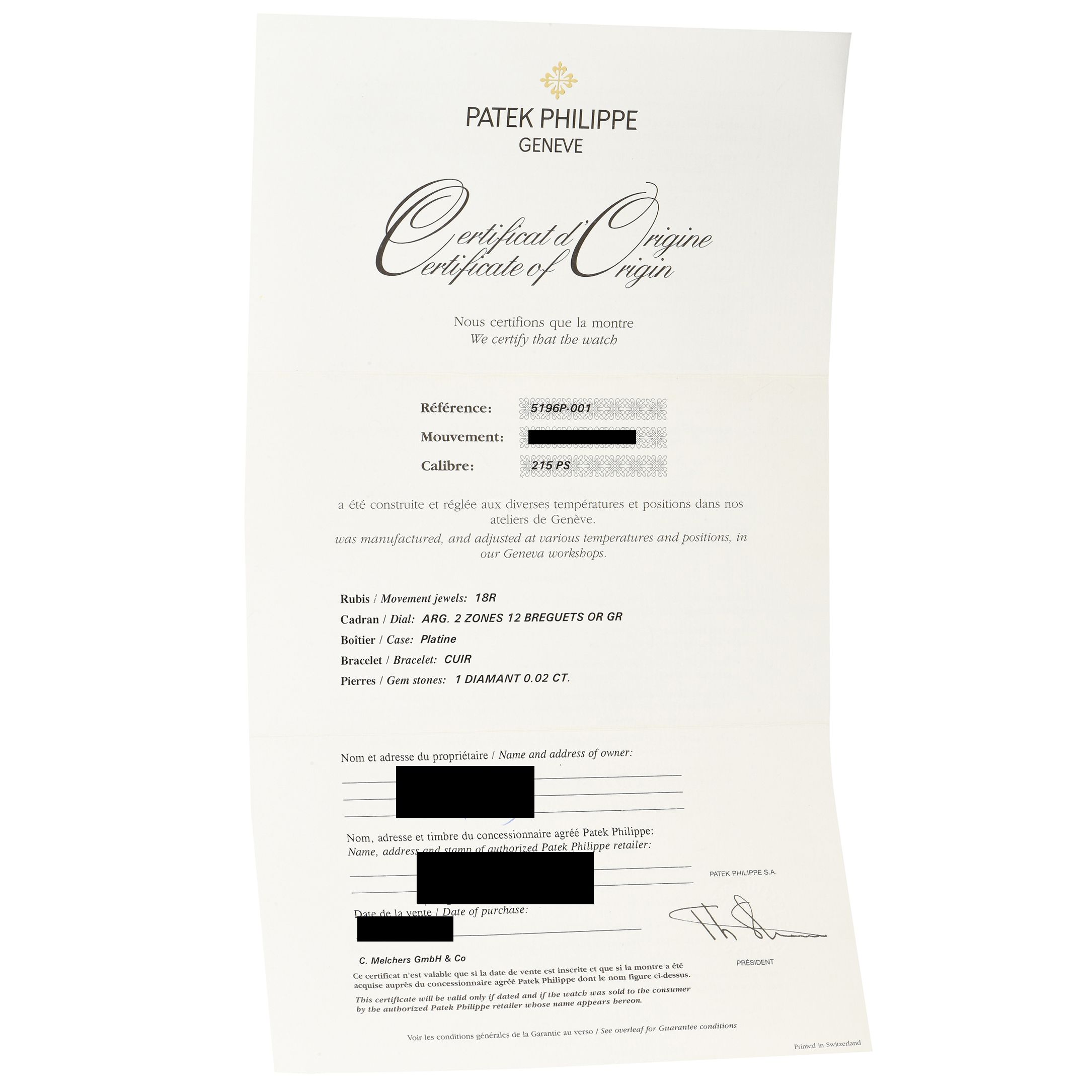 Patek Philippe Calatrava Small Seconds Platinum Watch 5196P-001