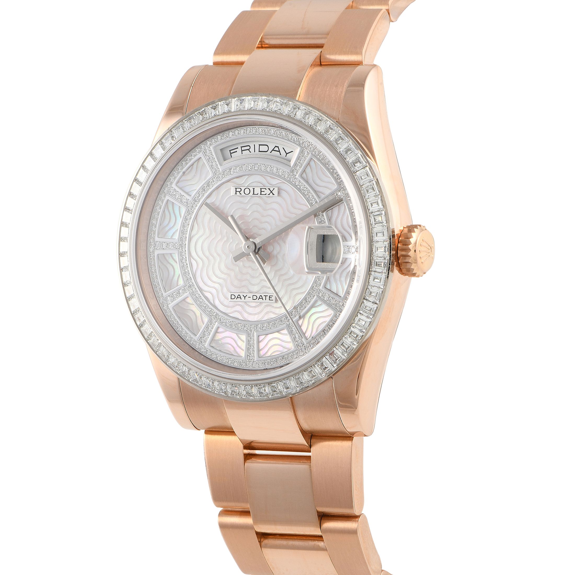 Rolex Day-Date 36 Carousel Pink Mother of Pearl Diamond Dial Watch 118395BR