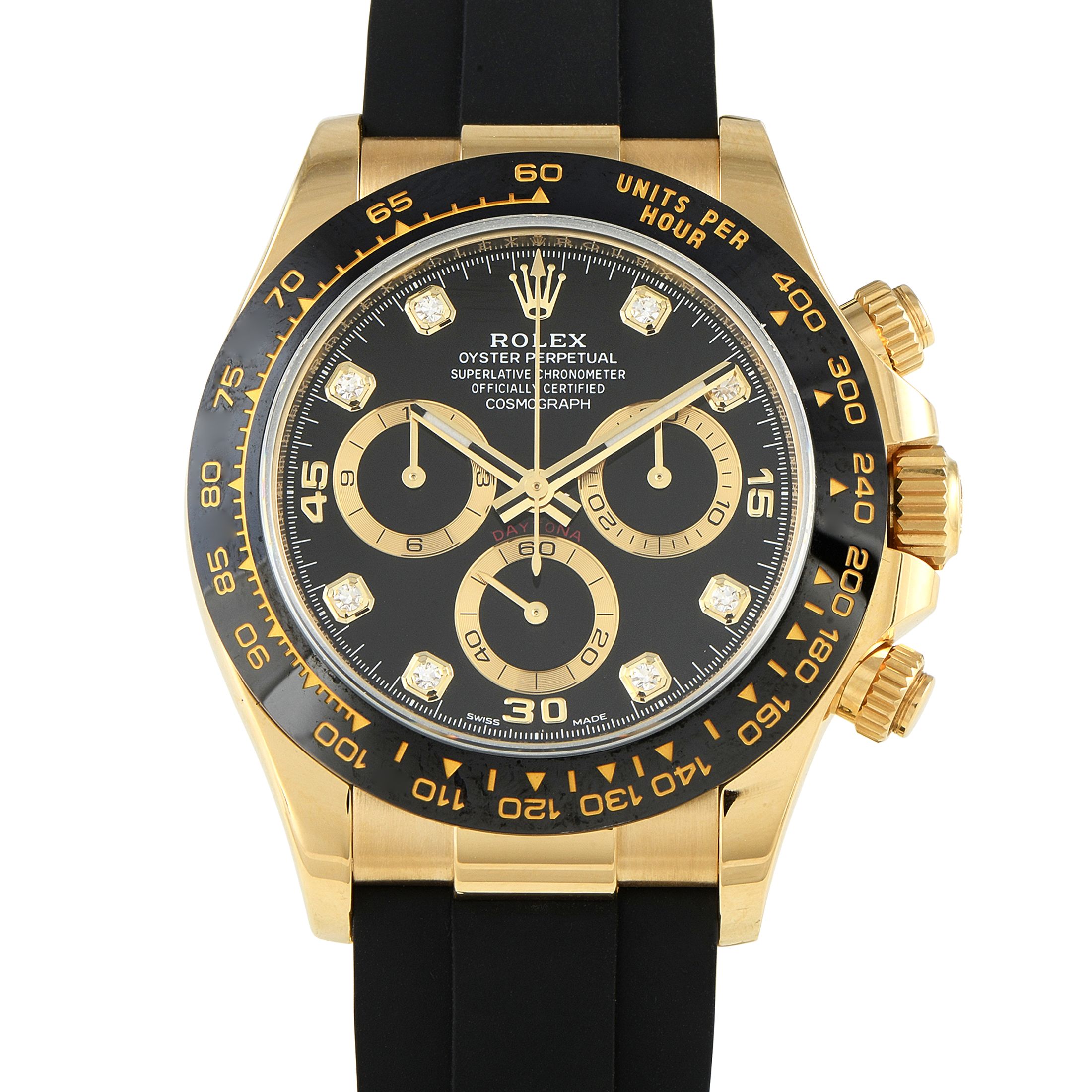 Rolex Daytona Black Diamond Dial Yellow Gold Oysterflex Watch 116518LN