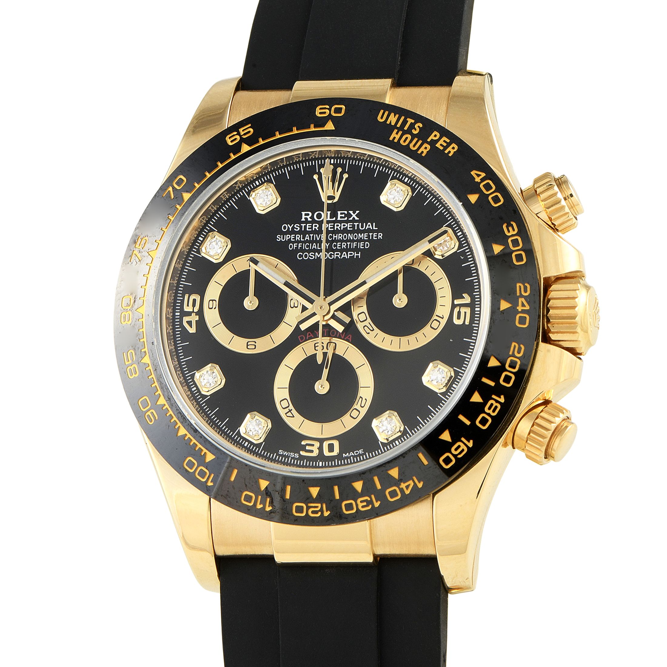 Rolex Daytona Black Diamond Dial Yellow Gold Oysterflex Watch 116518LN