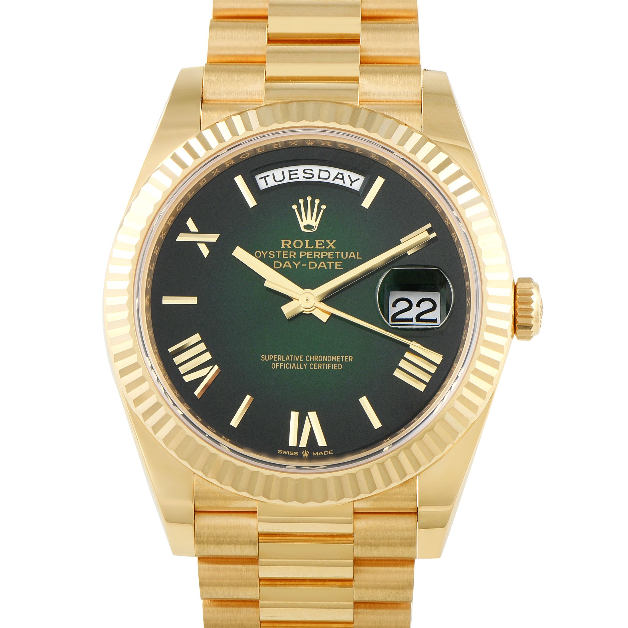 Rolex Day-Date 40 Green Roman Dial Yellow Gold President Watch 228238