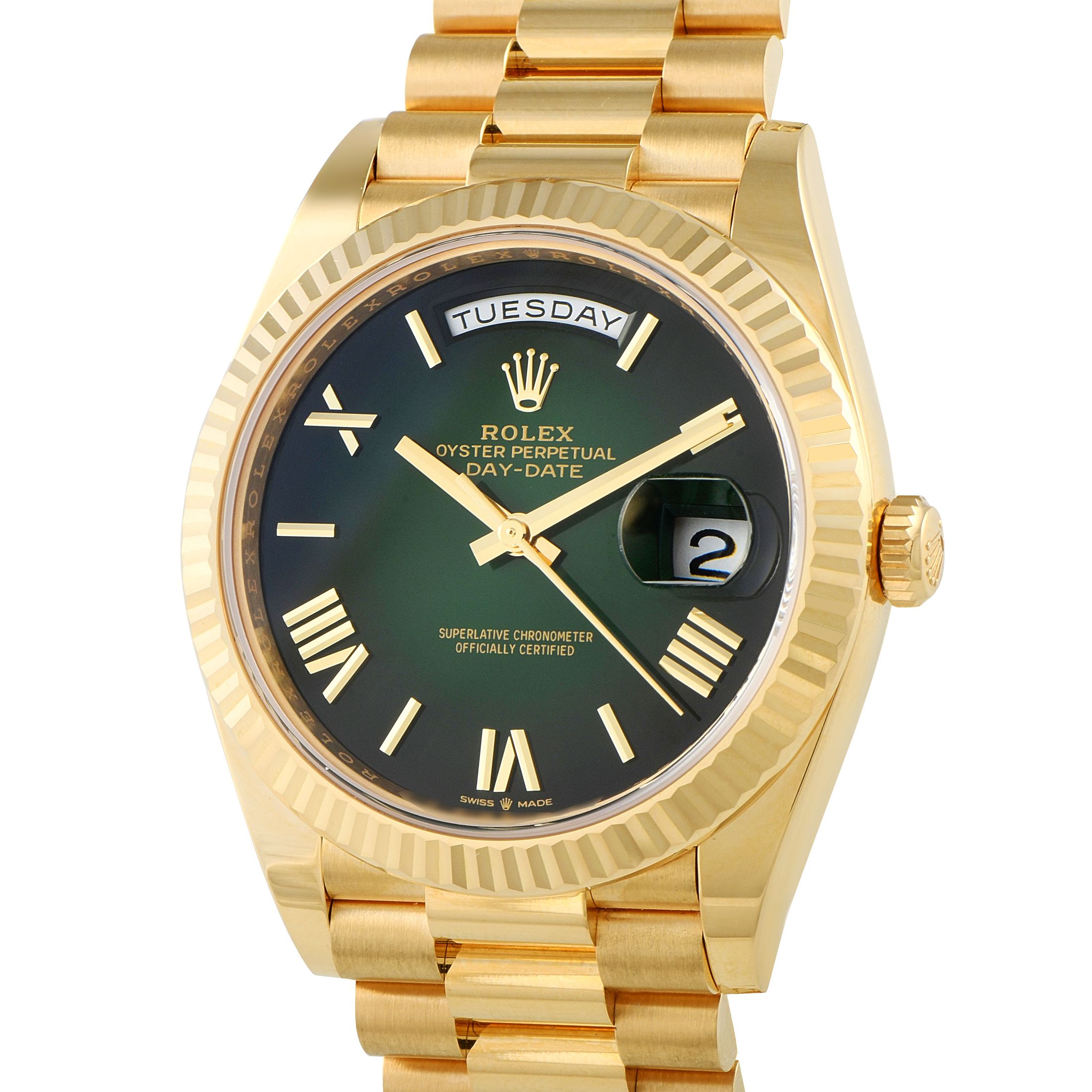Rolex Day-Date 40 Green Roman Dial Yellow Gold President Watch 228238