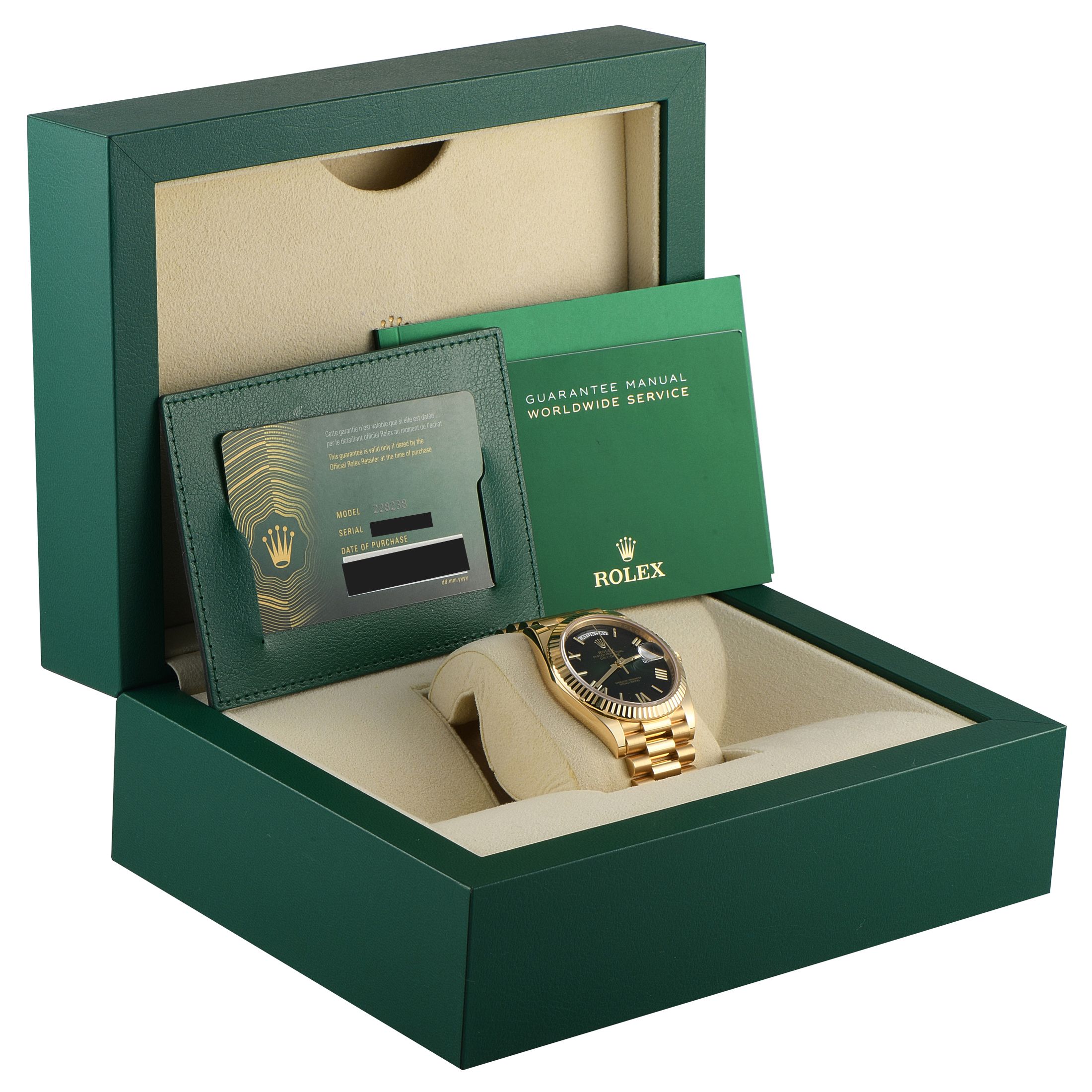 Rolex Day-Date 40 Green Roman Dial Yellow Gold President Watch 228238