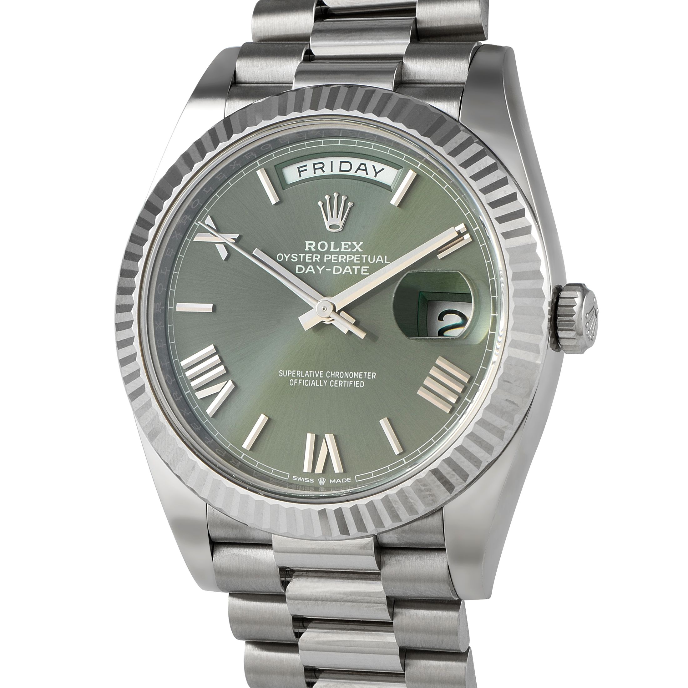 Rolex Day-Date 40 Olive Green Arabic Dial White Gold President Watch 228239