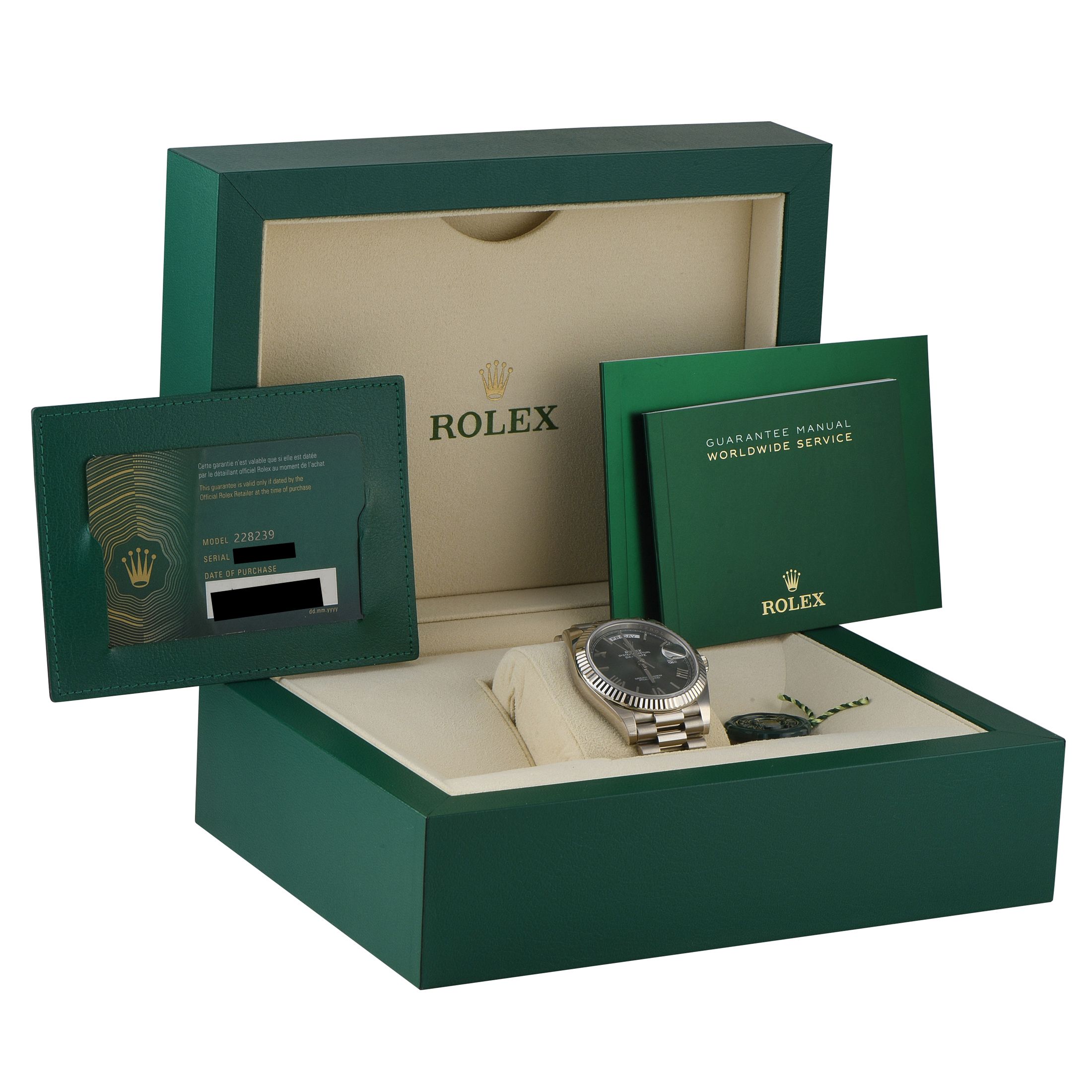 Rolex Day-Date 40 Olive Green Arabic Dial White Gold President Watch 228239