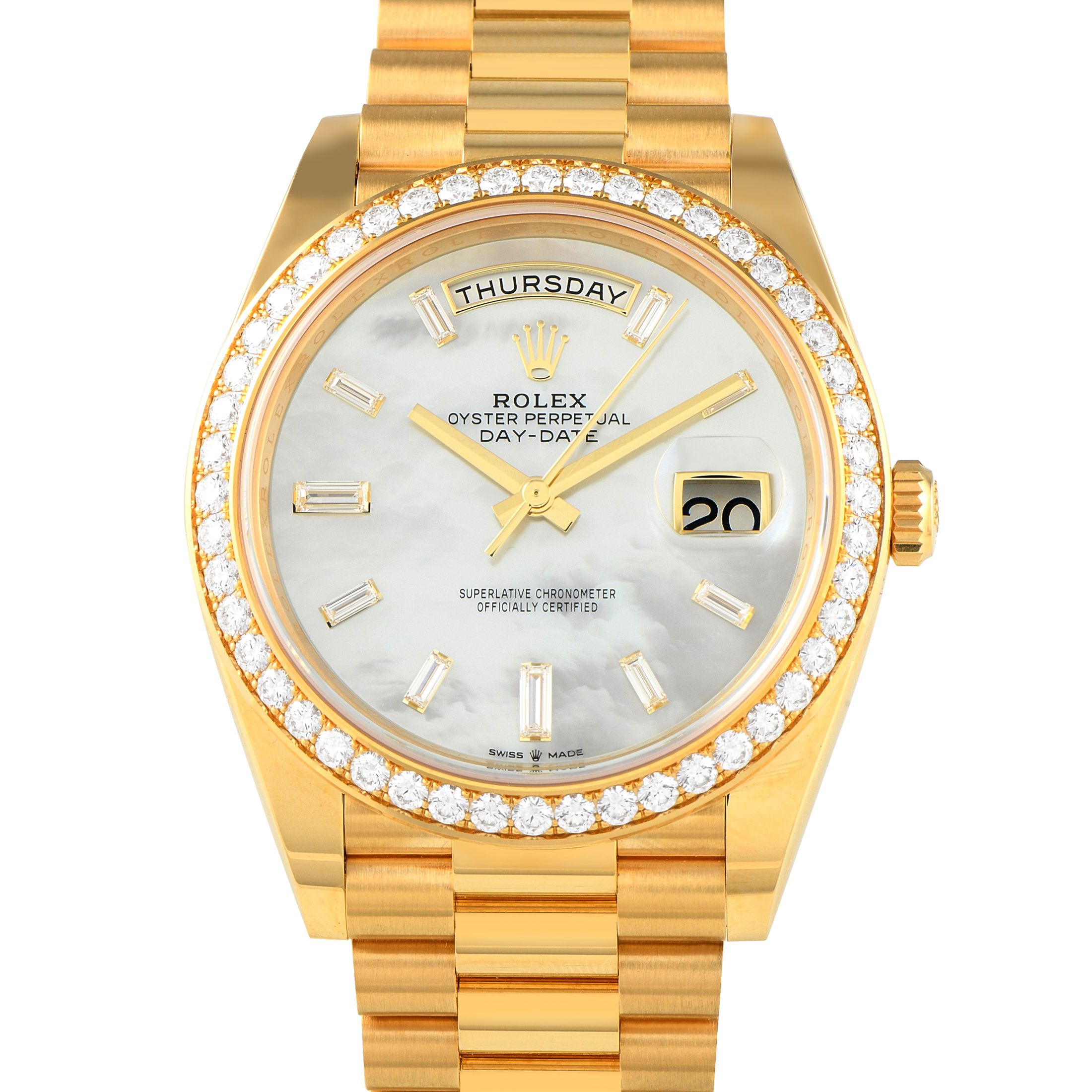 Rolex Day-Date 40 White Mother-of-Pearl Diamond Dial Yellow Gold President Watch 228348RBR