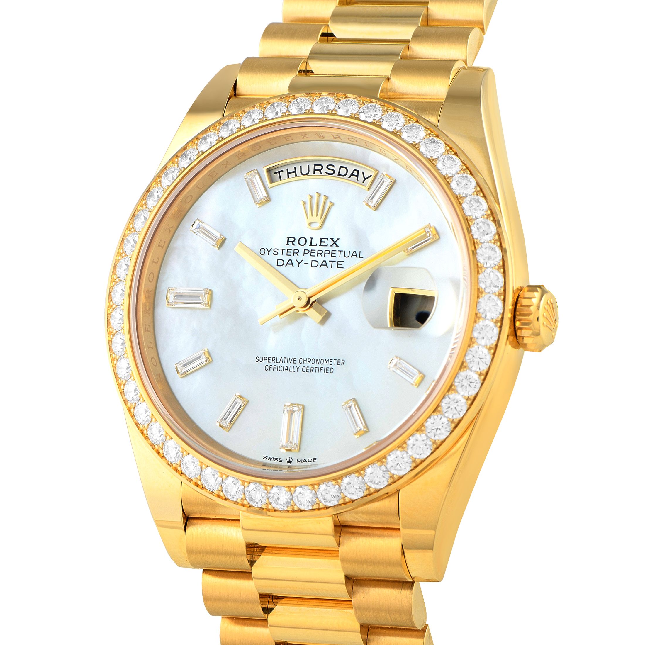 Rolex Day-Date 40 White Mother-of-Pearl Diamond Dial Yellow Gold President Watch 228348RBR