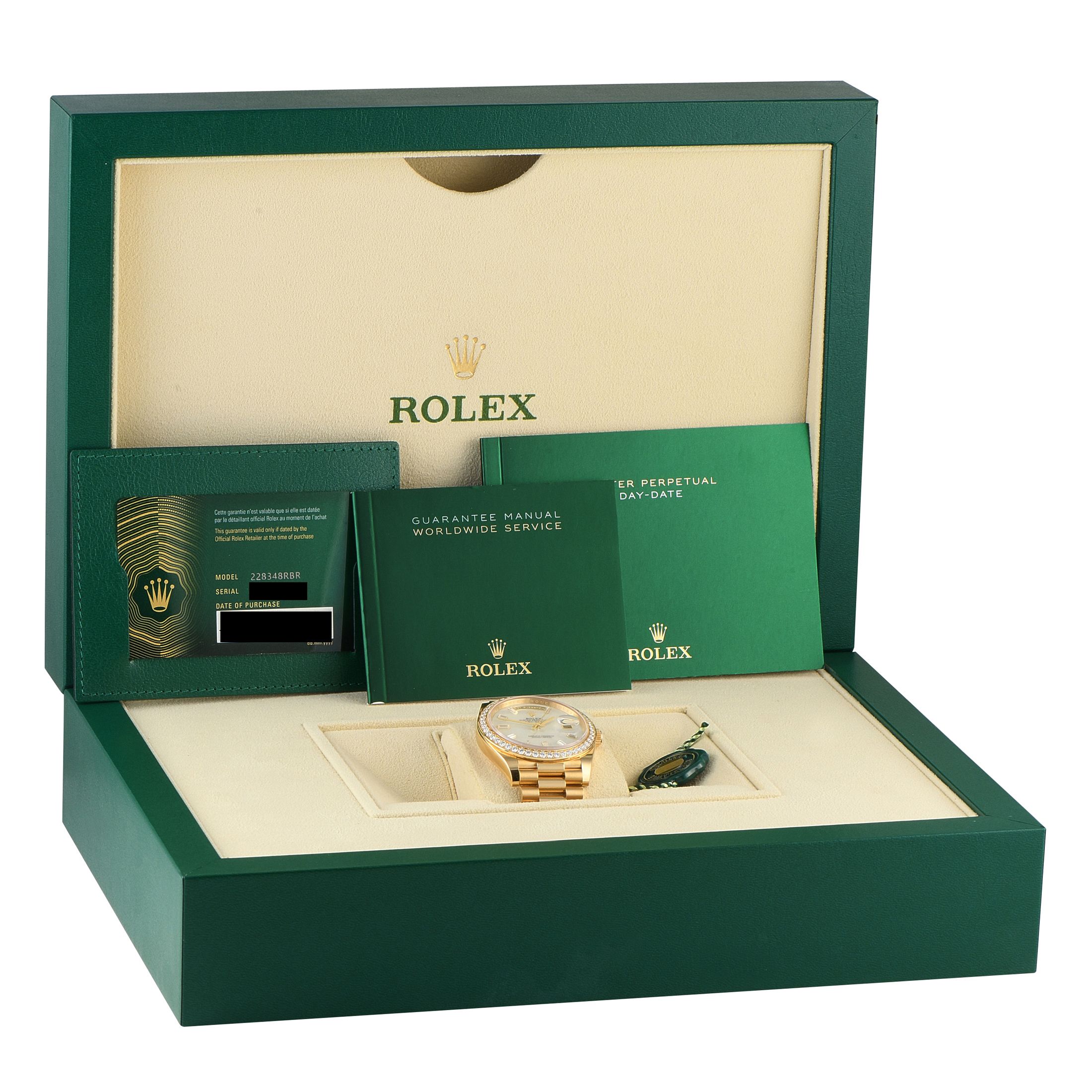 Rolex Day-Date 40 White Mother-of-Pearl Diamond Dial Yellow Gold President Watch 228348RBR