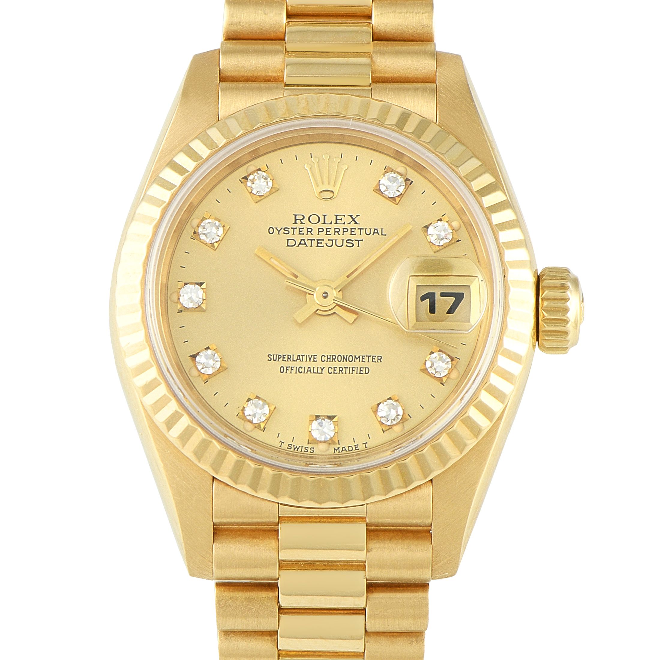 Rolex Lady-Datejust 26 Diamond Champagne Dial Yellow Gold President Watch 69178