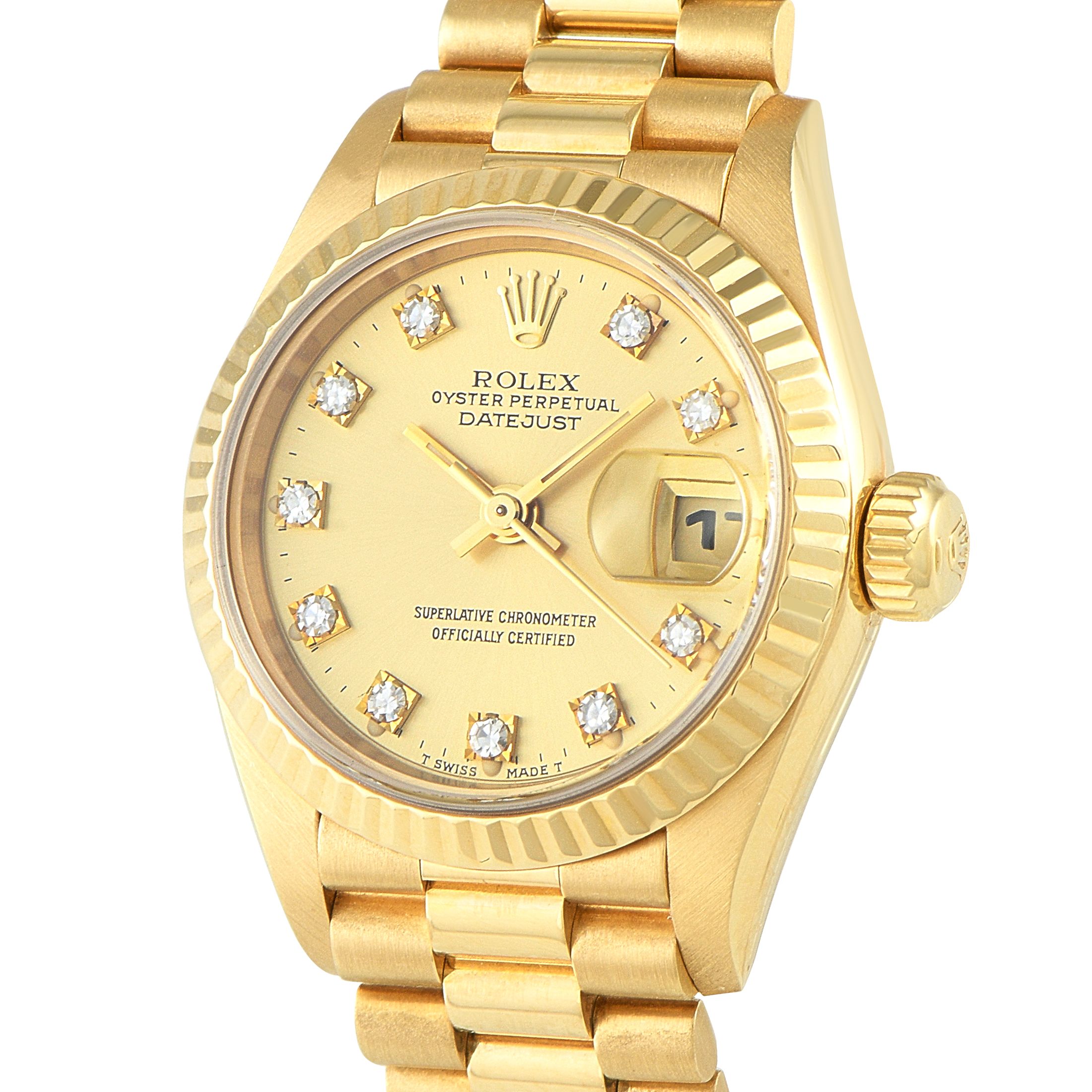 Rolex Lady-Datejust 26 Diamond Champagne Dial Yellow Gold President Watch 69178