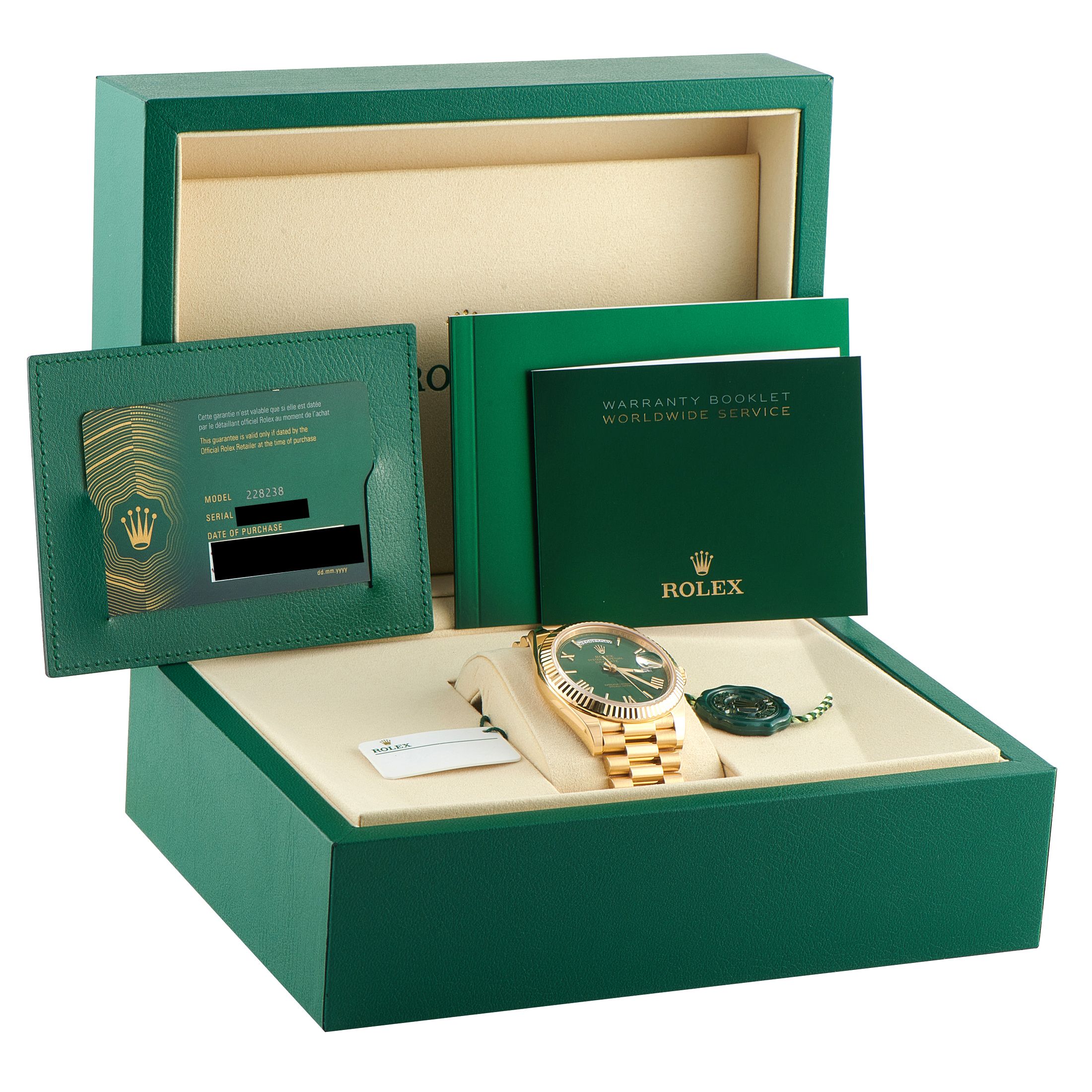 Rolex Day-Date 40 Green Roman Dial Yellow Gold President Watch 228238