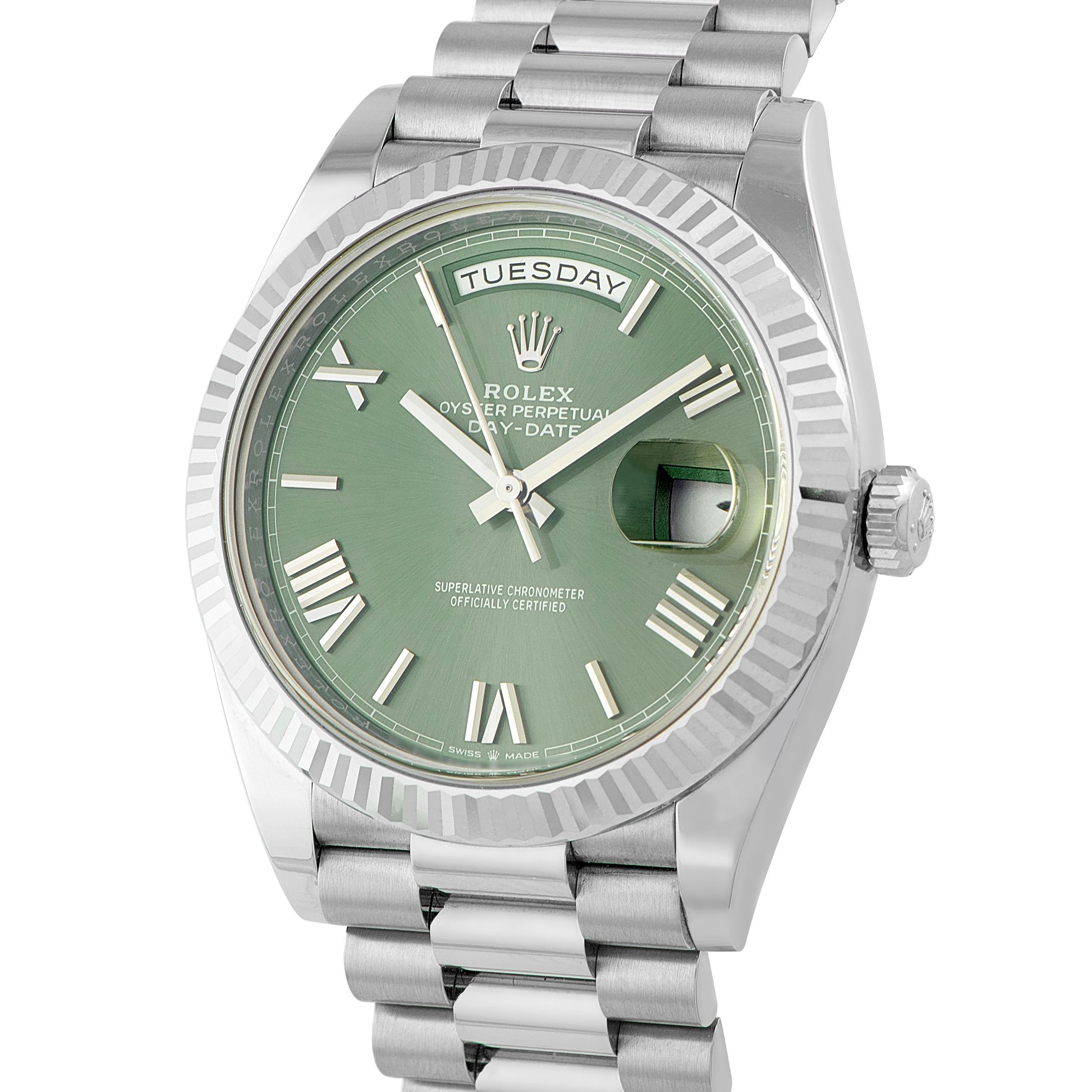 Rolex Day-Date 40 Olive Green Dial White Gold President Watch 228239