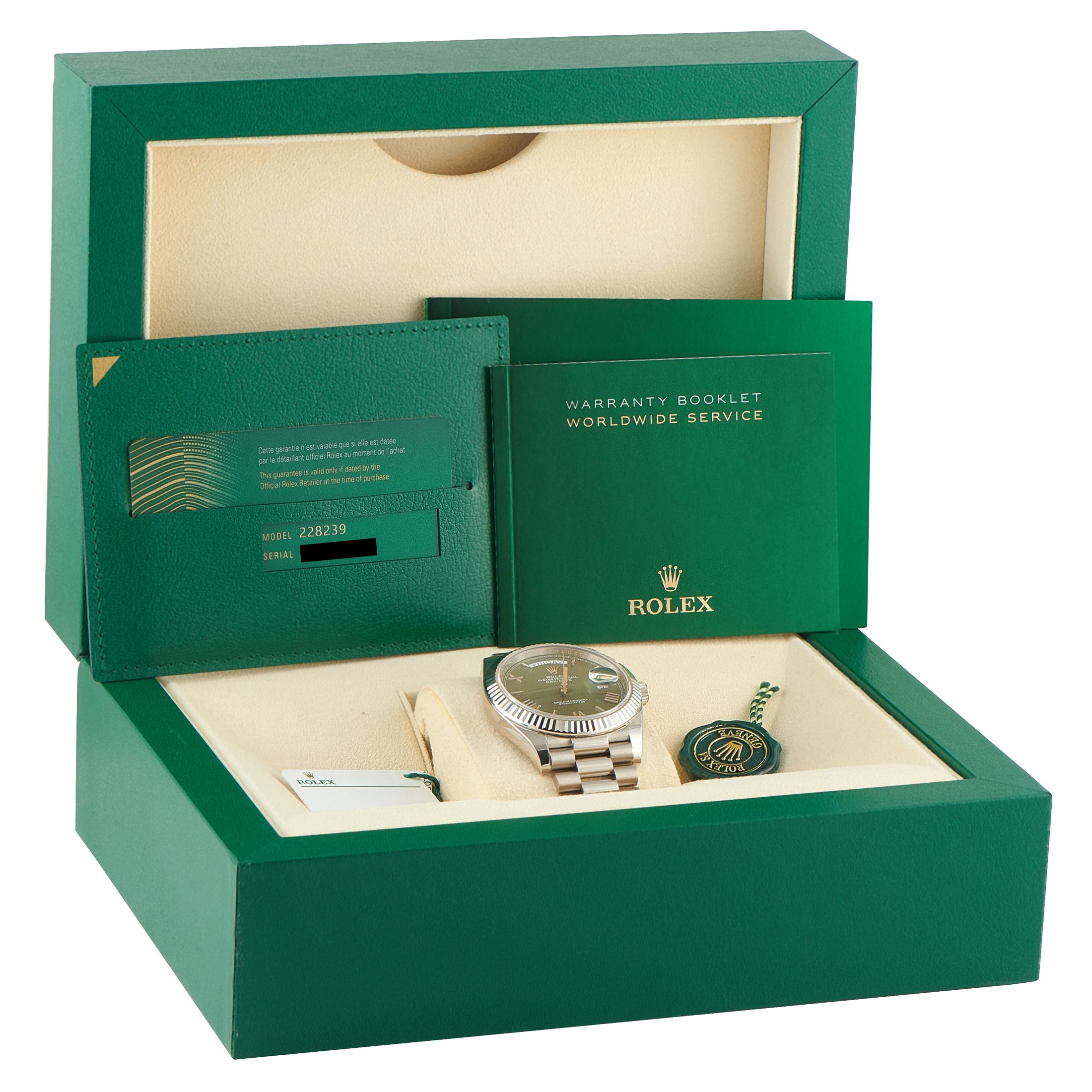 Rolex Day-Date 40 Olive Green Dial White Gold President Watch 228239