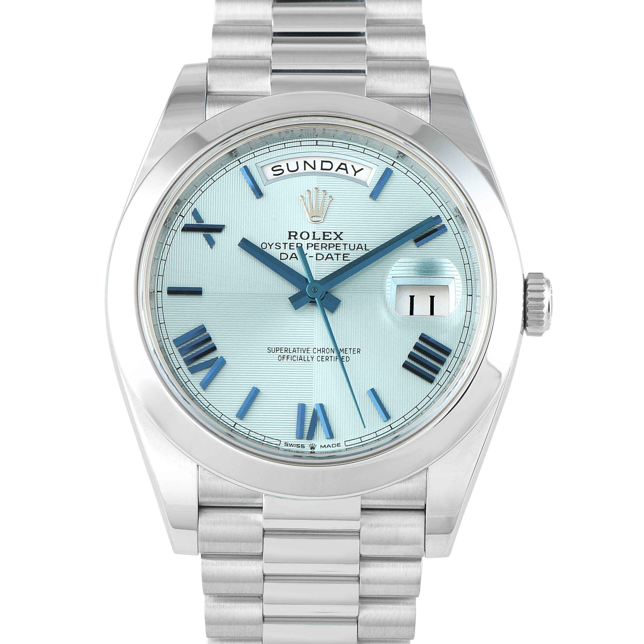 Rolex Day-Date 40 Platinum Ice Blue Roman Dial Watch 228206
