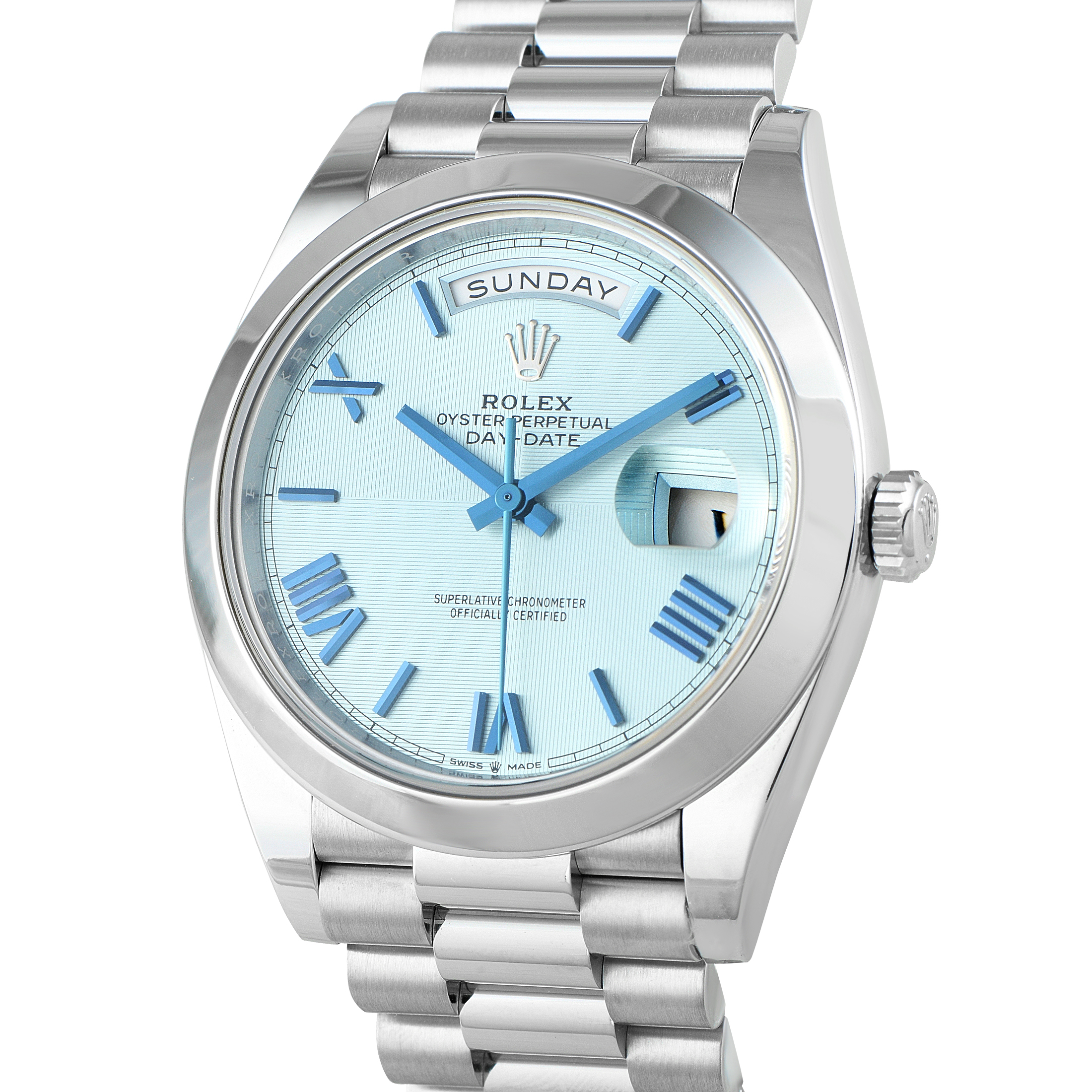 Rolex Day-Date 40 Platinum Ice Blue Roman Dial Watch 228206