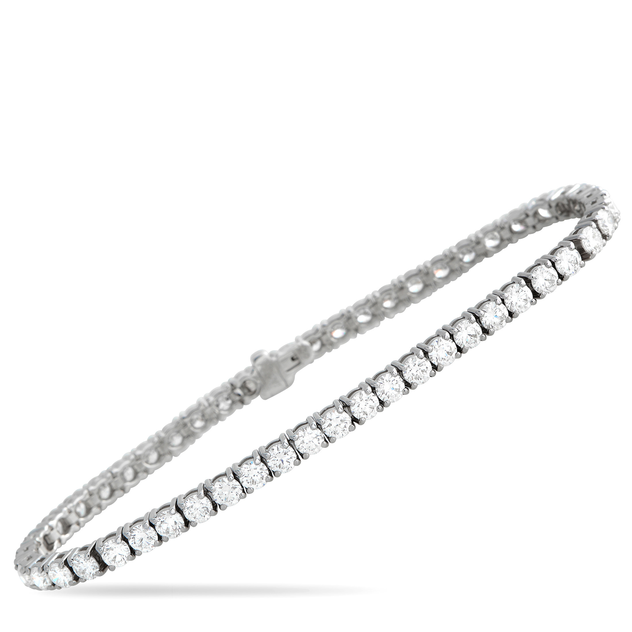 A series of round-cut Diamonds with a total weight of 7.50 carats makes this tennis bracelet simply unforgettable. Crafted from 18K White Gold, it measures 7.25” long and comes complete with secure box tab clasp closure. This jewelry piece is offered in brand new condition and includes a gift box.