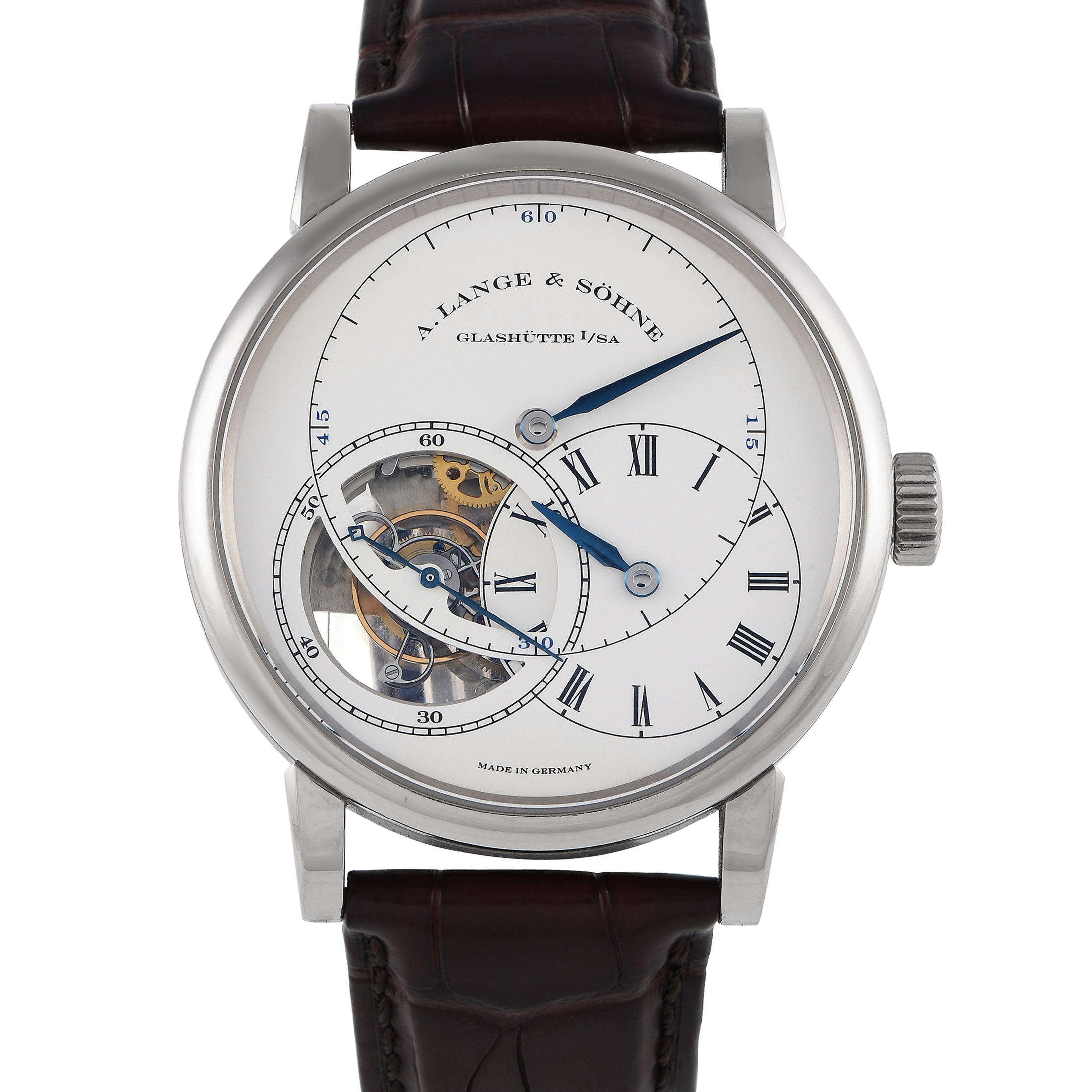 Finished to standard Lange perfection, the Richard Lange Tourbillon "Pour le Mérite" is unquestionably a breathtaking watch. It boasts a one-minute tourbillon and fusée-and-chain transmission that enables the watch to keep running at an exact rate. The technically impressive mechanism is housed on a 41.9mm case in 18K white gold, worn on an alligator leather strap. This timepiece's argenté-colored solid-silver dial presents a striking layout, with blued steel hands and overlapping sub-dials. This special edition model was only made available exclusively in Lange boutiques. This pre-owned A. Lange & Söhne Richard Lange Tourbillon "Pour le Mérite" 18K White Gold Men's Watch 760.026F comes with papers, an extra pair of leather straps, and the manufacturer's box.