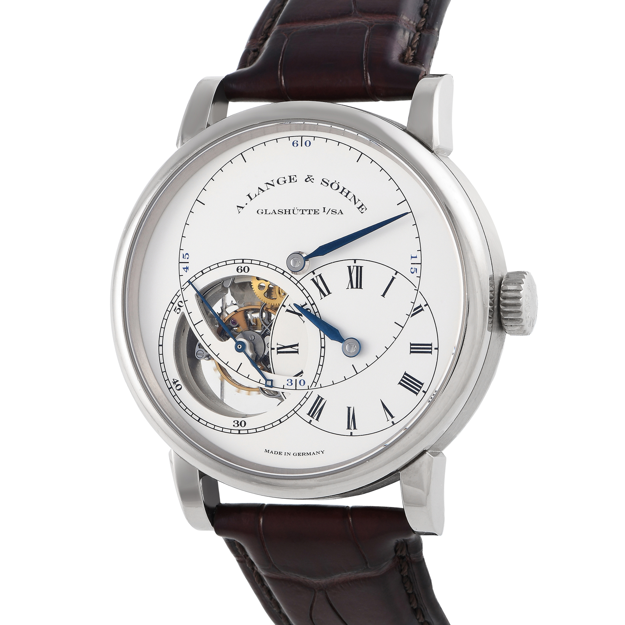 Finished to standard Lange perfection, the Richard Lange Tourbillon "Pour le Mérite" is unquestionably a breathtaking watch. It boasts a one-minute tourbillon and fusée-and-chain transmission that enables the watch to keep running at an exact rate. The technically impressive mechanism is housed on a 41.9mm case in 18K white gold, worn on an alligator leather strap. This timepiece's argenté-colored solid-silver dial presents a striking layout, with blued steel hands and overlapping sub-dials. This special edition model was only made available exclusively in Lange boutiques. This pre-owned A. Lange & Söhne Richard Lange Tourbillon "Pour le Mérite" 18K White Gold Men's Watch 760.026F comes with papers, an extra pair of leather straps, and the manufacturer's box.