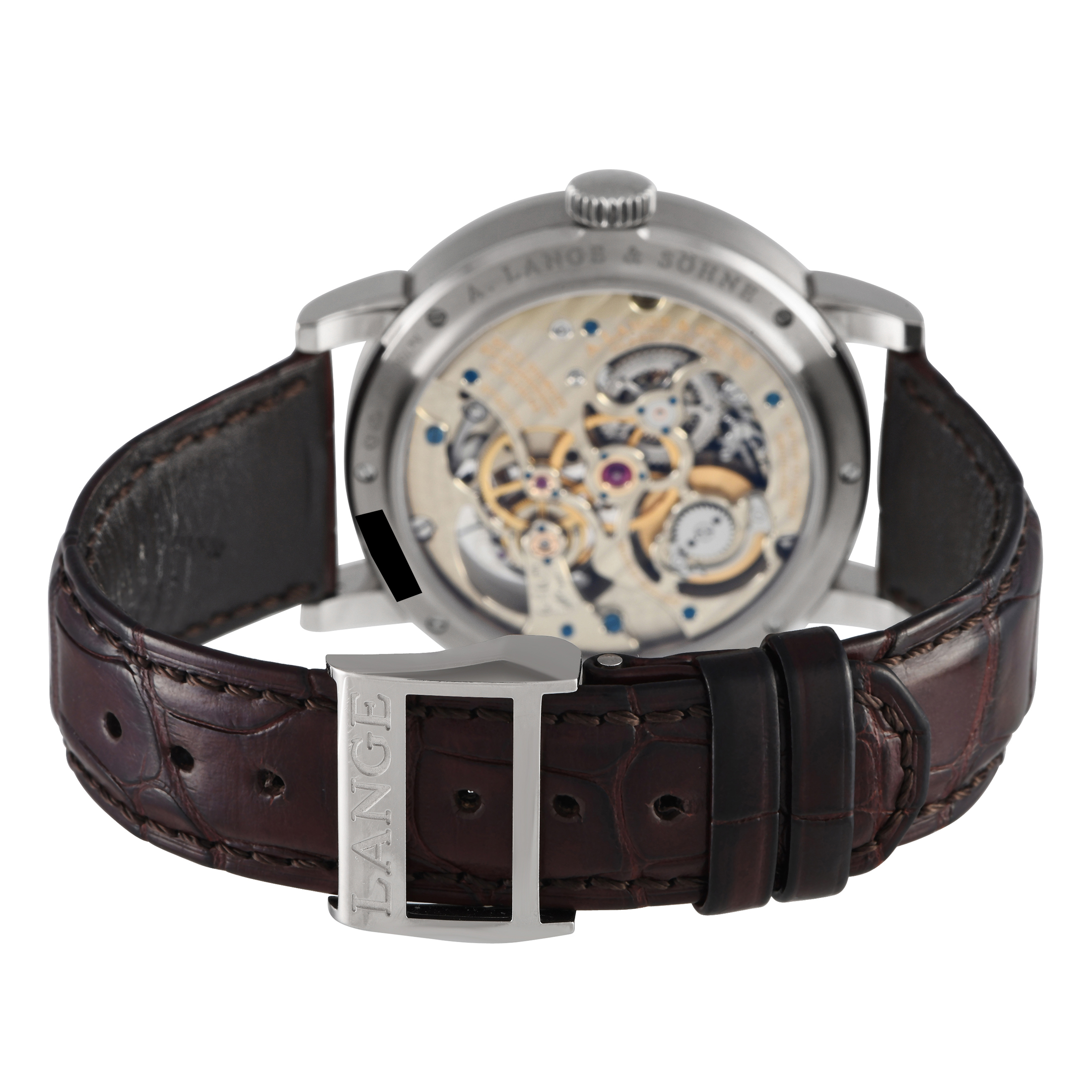 Finished to standard Lange perfection, the Richard Lange Tourbillon "Pour le Mérite" is unquestionably a breathtaking watch. It boasts a one-minute tourbillon and fusée-and-chain transmission that enables the watch to keep running at an exact rate. The technically impressive mechanism is housed on a 41.9mm case in 18K white gold, worn on an alligator leather strap. This timepiece's argenté-colored solid-silver dial presents a striking layout, with blued steel hands and overlapping sub-dials. This special edition model was only made available exclusively in Lange boutiques. This pre-owned A. Lange & Söhne Richard Lange Tourbillon "Pour le Mérite" 18K White Gold Men's Watch 760.026F comes with papers, an extra pair of leather straps, and the manufacturer's box.