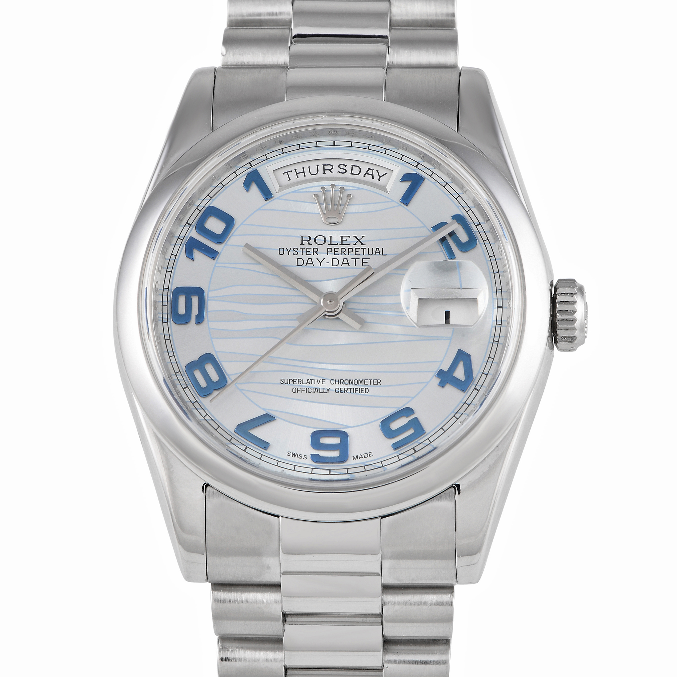 Rolex Day-Date 36 Platinum Ice Blue Wave Dial Watch 118206