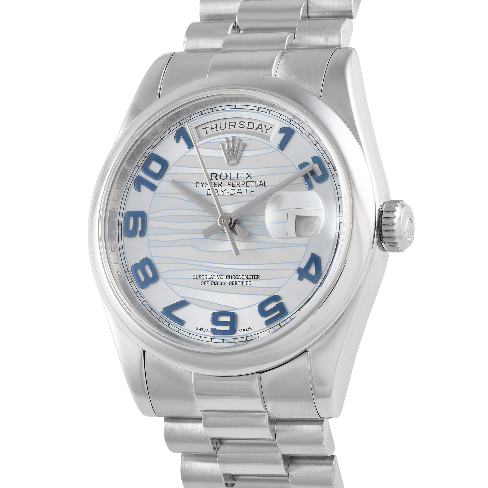 Rolex Day-Date 36 Platinum Ice Blue Wave Dial Watch 118206
