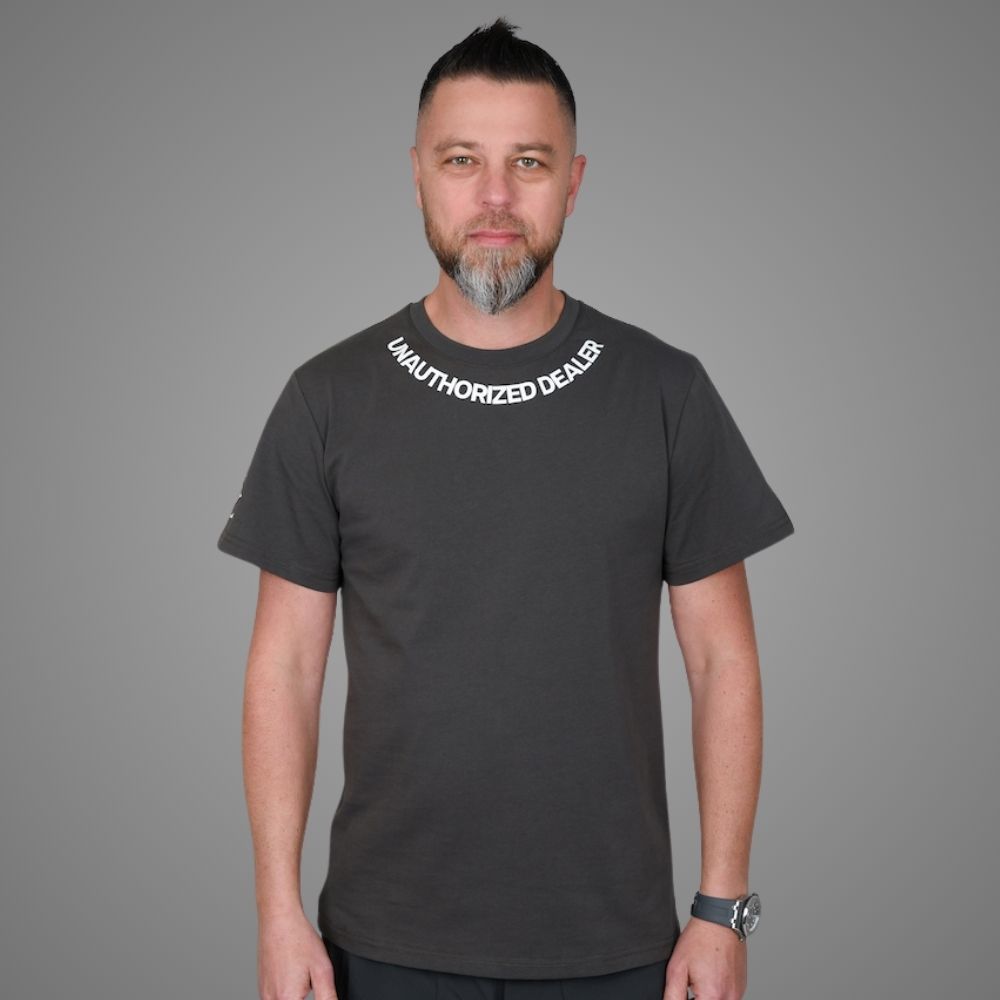 Luxury Bazaar Neck Logo "Unauthorized Dealer"® Crewneck T-Shirt - Dark Gray
