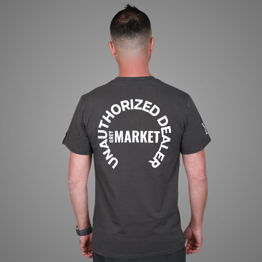 Luxury Bazaar Neck Logo "Unauthorized Dealer"® Crewneck T-Shirt - Dark Gray