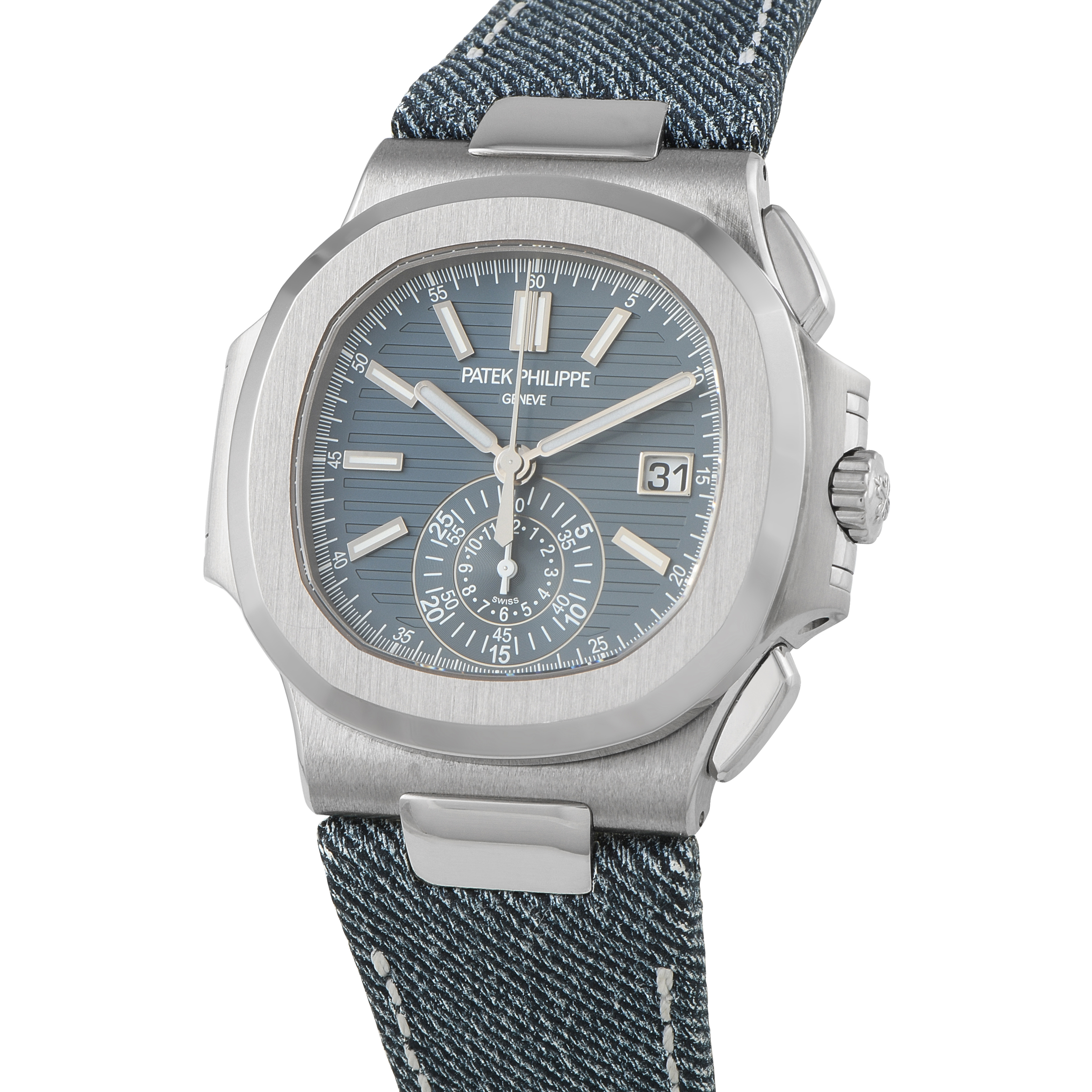 Patek Philippe Nautilus Flyback Chronograph Denim White Gold Watch 5980/60G-001