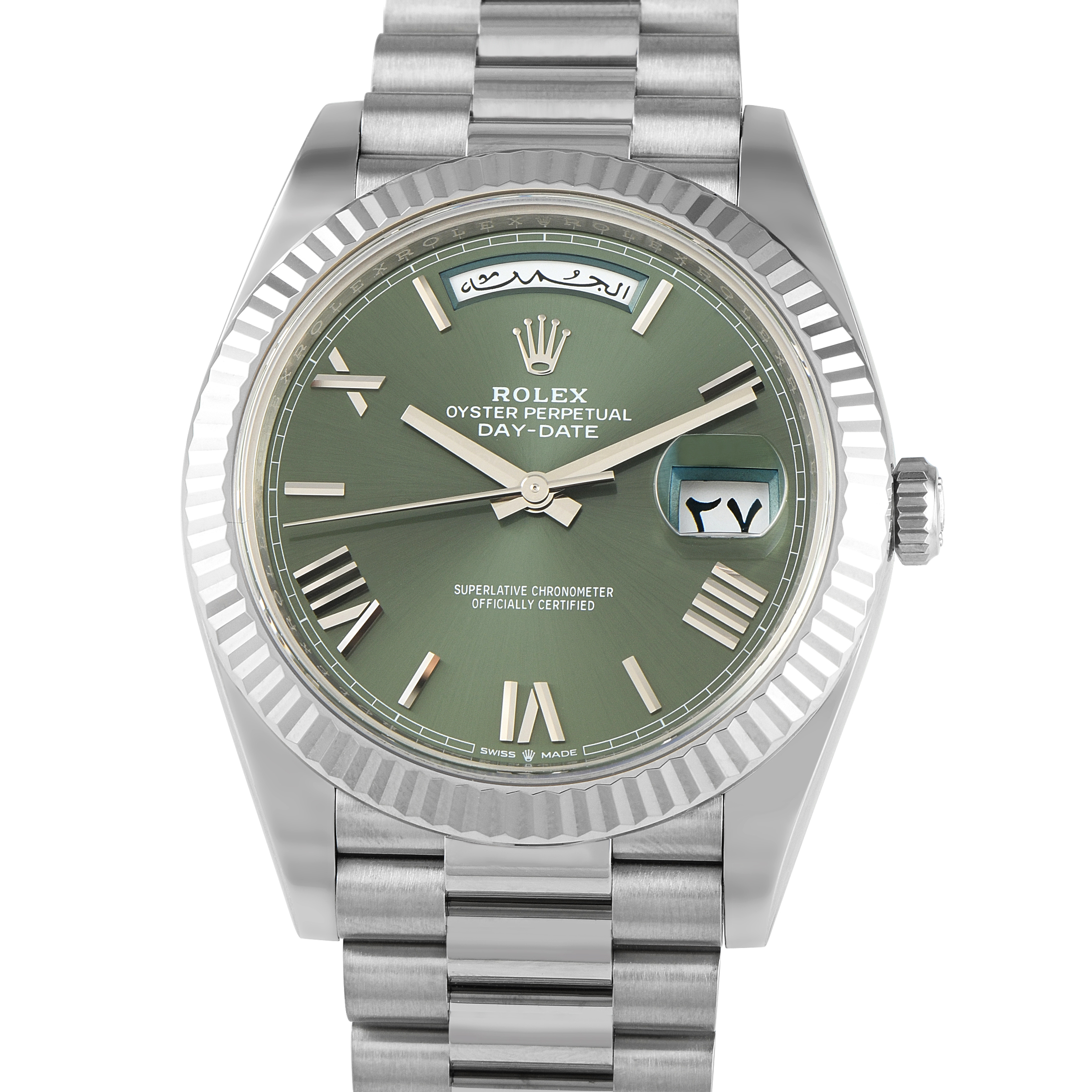 Rolex Day-Date 40 Olive Green Arabic Dial White Gold President Watch 228239