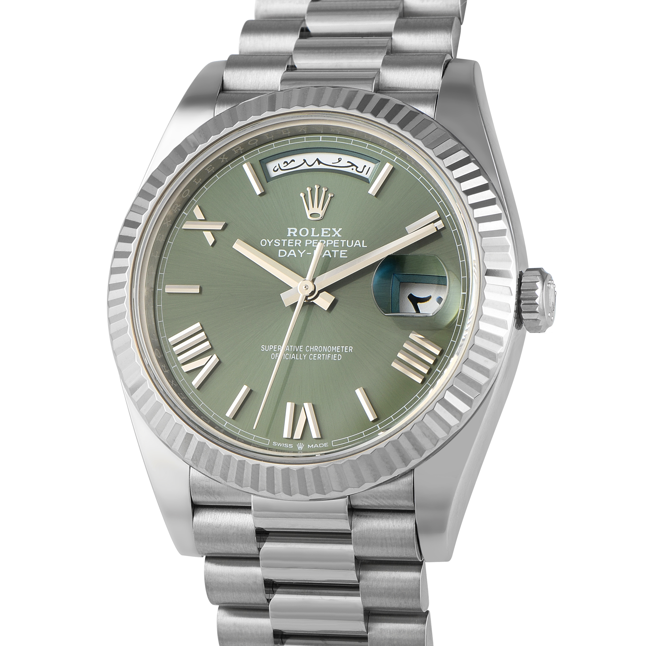 Rolex Day-Date 40 Olive Green Arabic Dial White Gold President Watch 228239