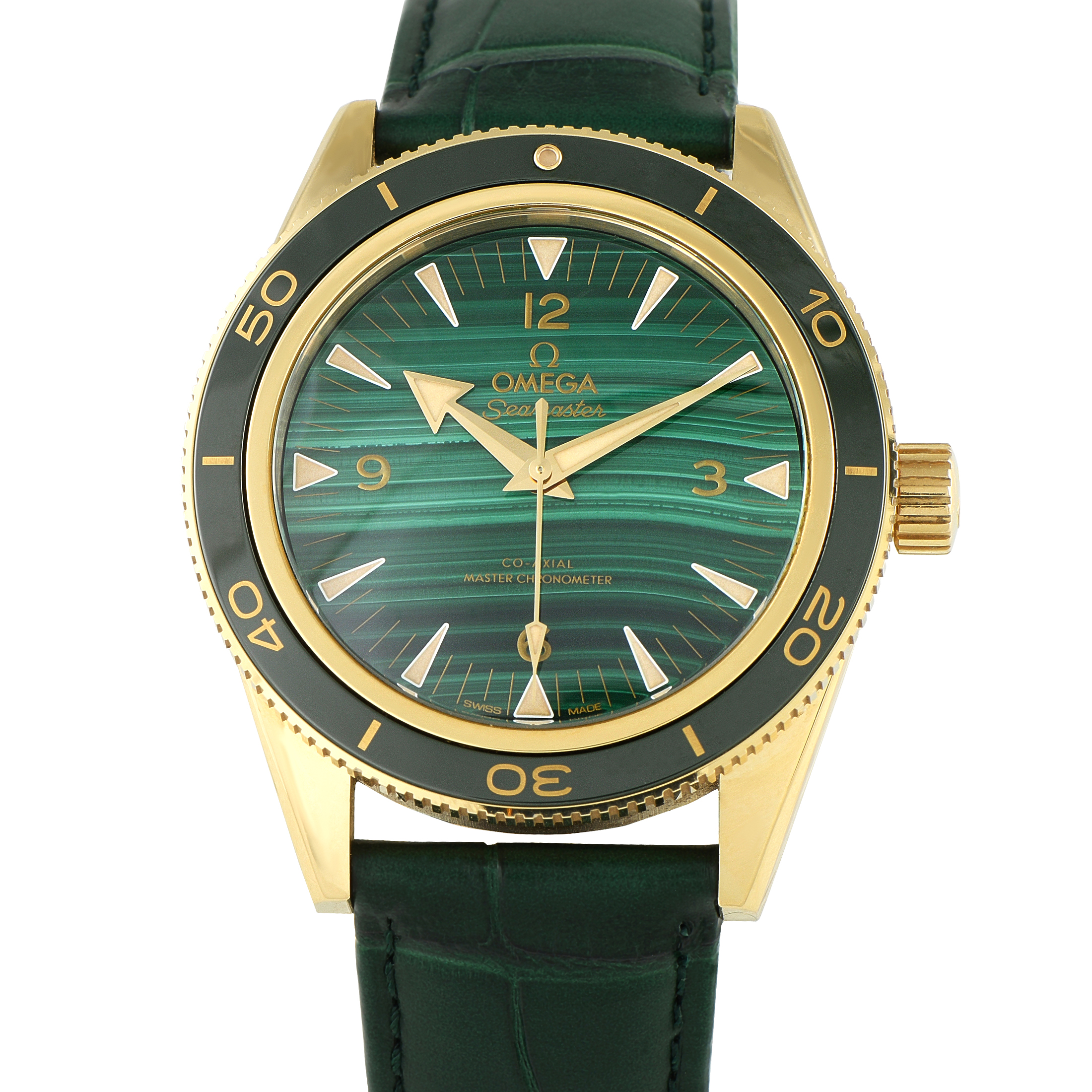 Omega Seamaster 300 Malachite Dial Yellow Gold Watch 234.63.41.21.99.001