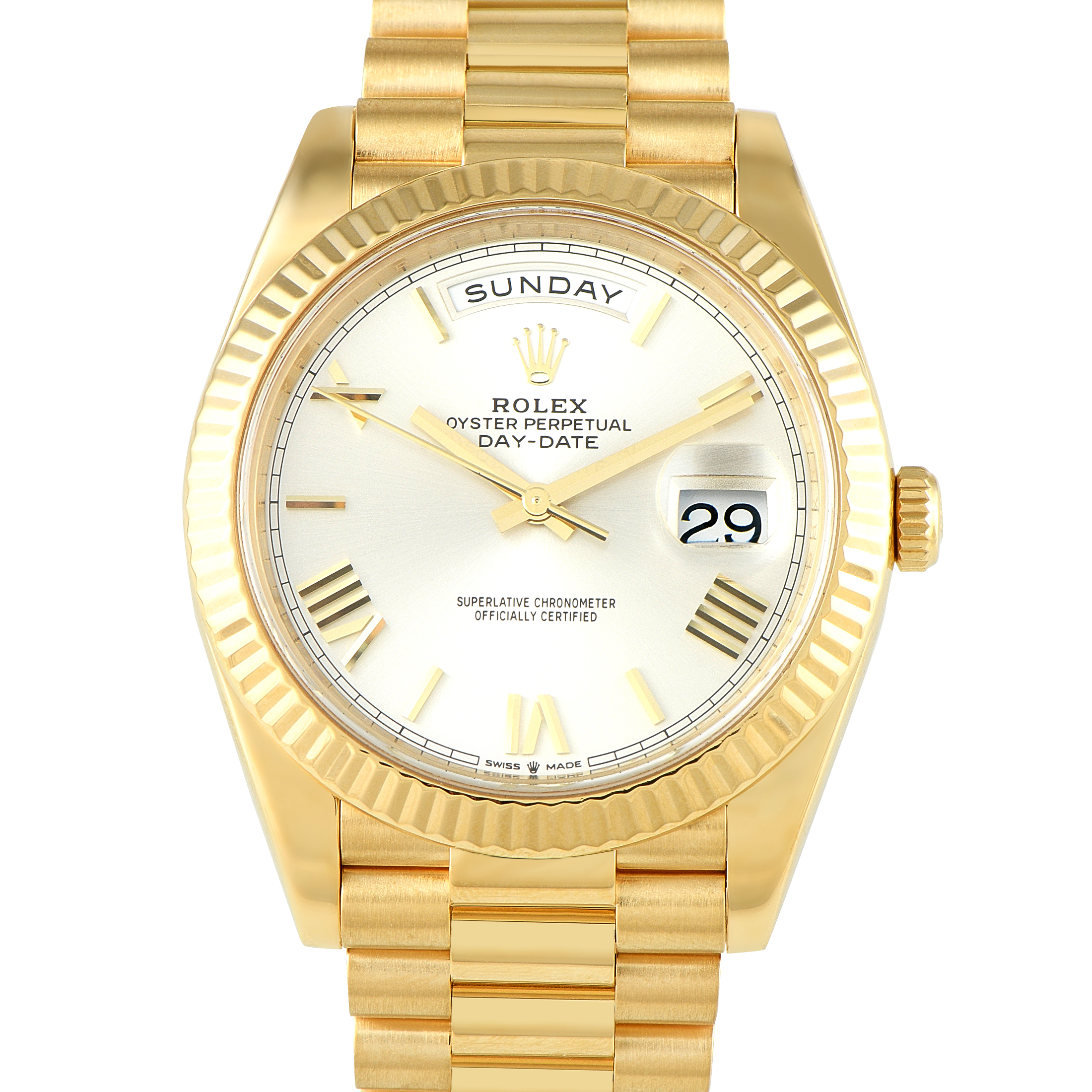 Rolex Day-Date 40 Silver Roman Dial Yellow Gold President Watch 228238