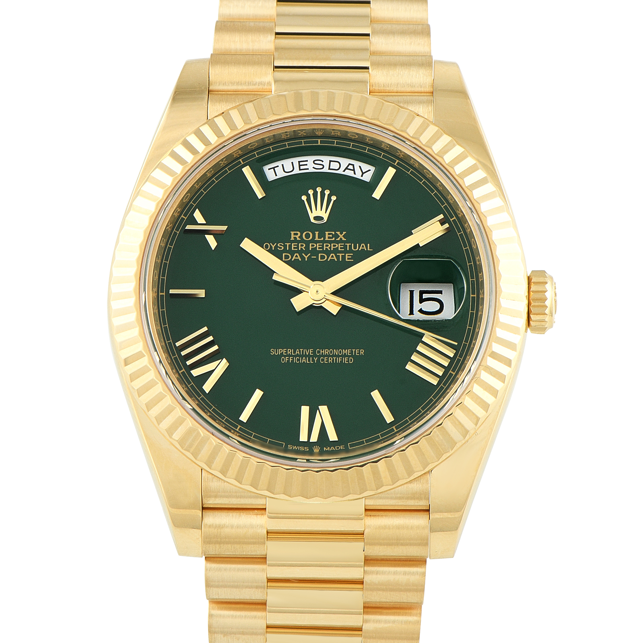 Rolex Day-Date 40 Green Roman Dial Yellow Gold President Watch 228238