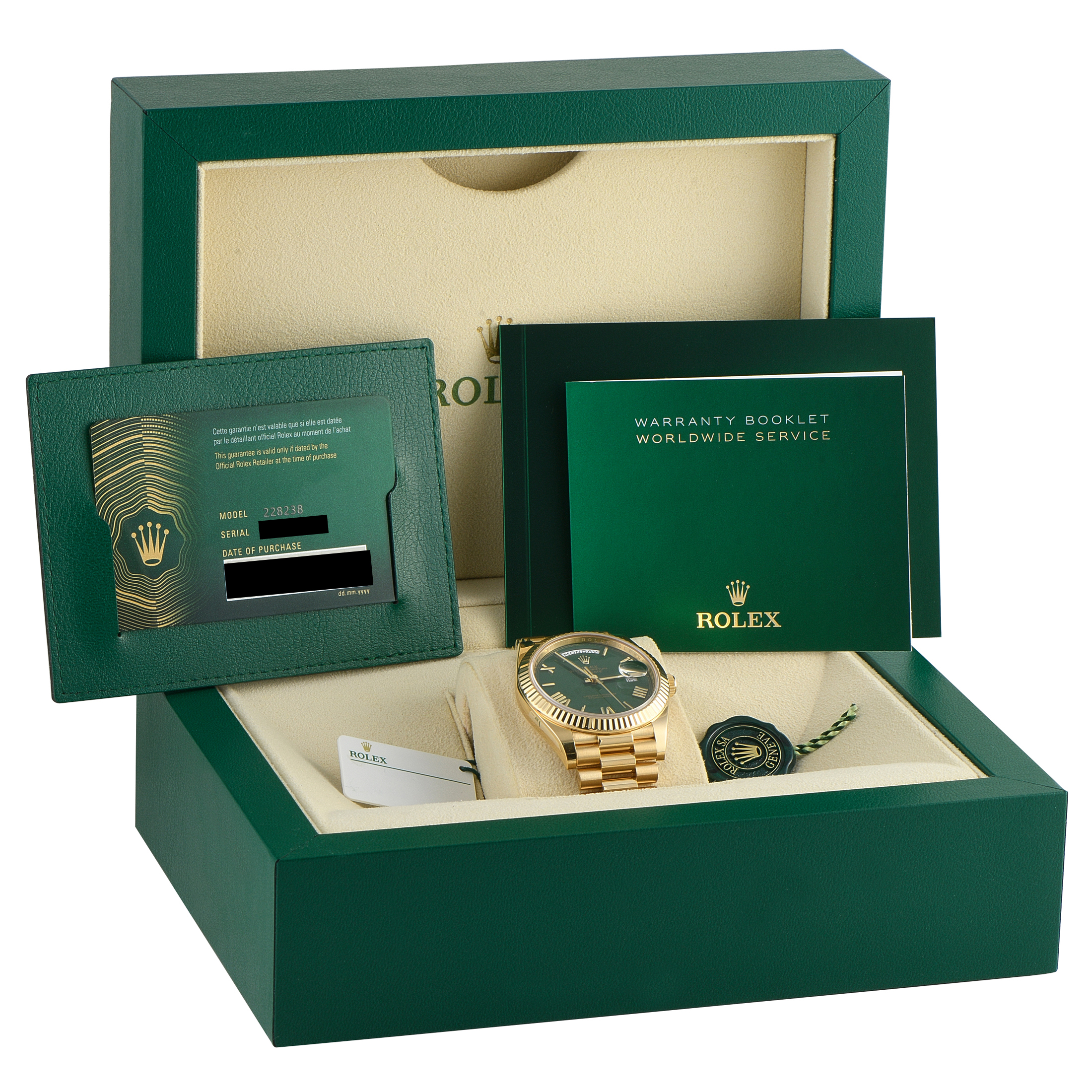 Rolex Day-Date 40 Green Roman Dial Yellow Gold President Watch 228238
