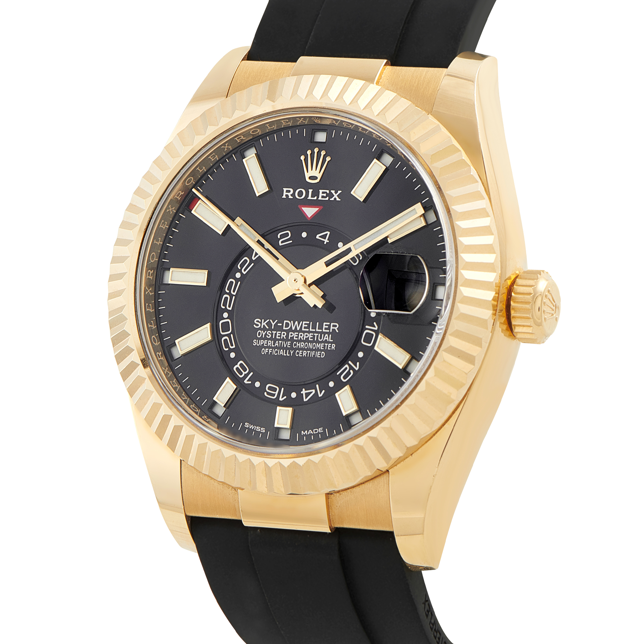 Rolex Sky-Dweller Black Dial Yellow Gold Oysterflex Watch 326238