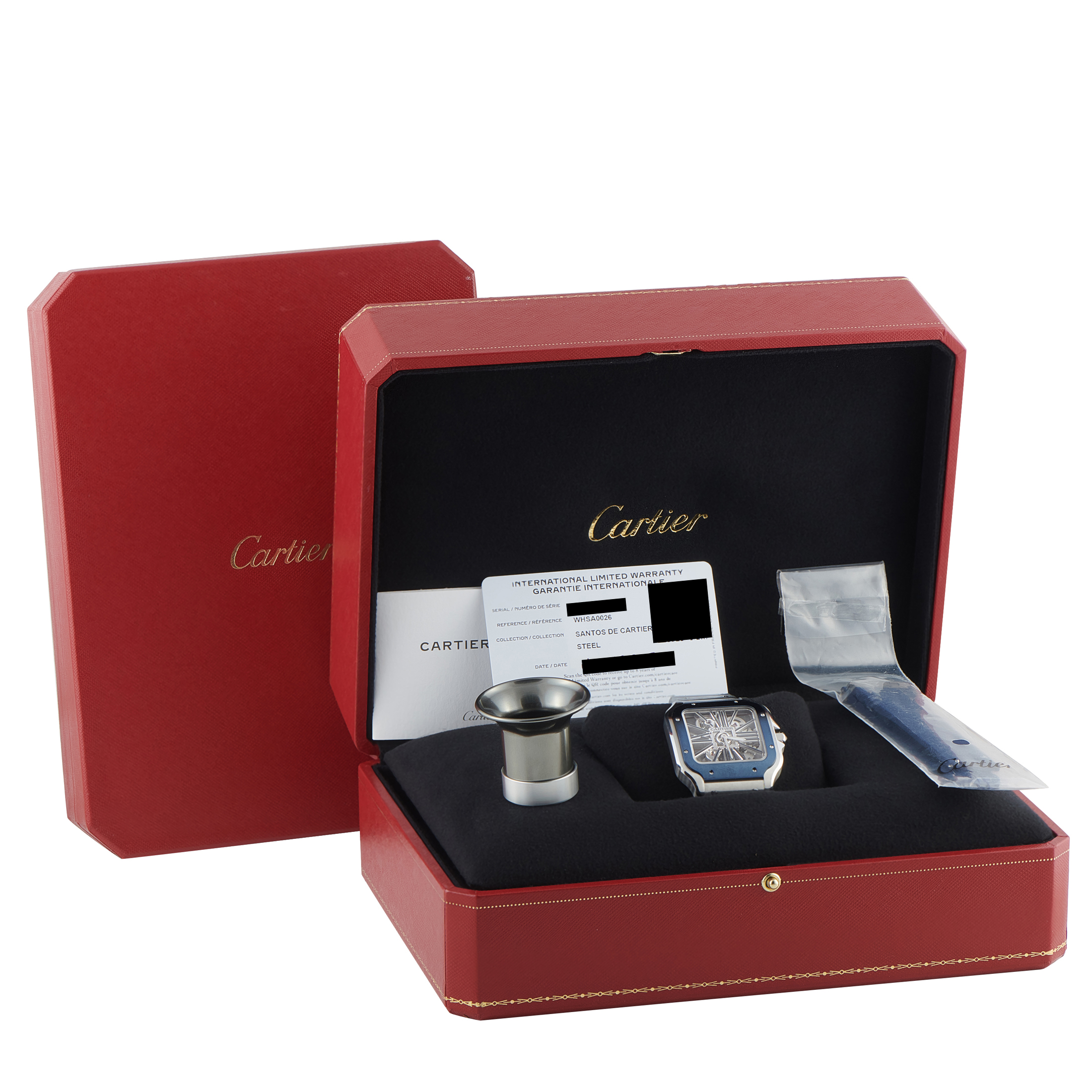 Cartier Santos Skeleton Large Model Steel Watch WHSA0026 box, papers, loupe, extra strap