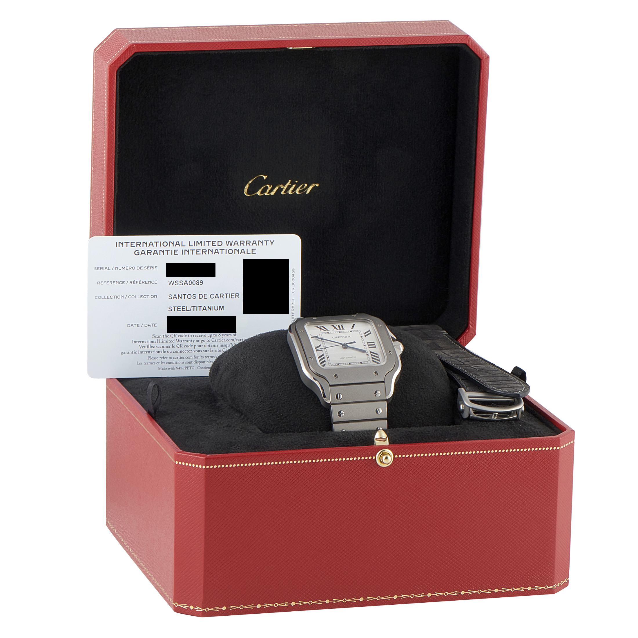 Cartier Santos Large Model Titanium Watch WSSA0089 box card and extra strap