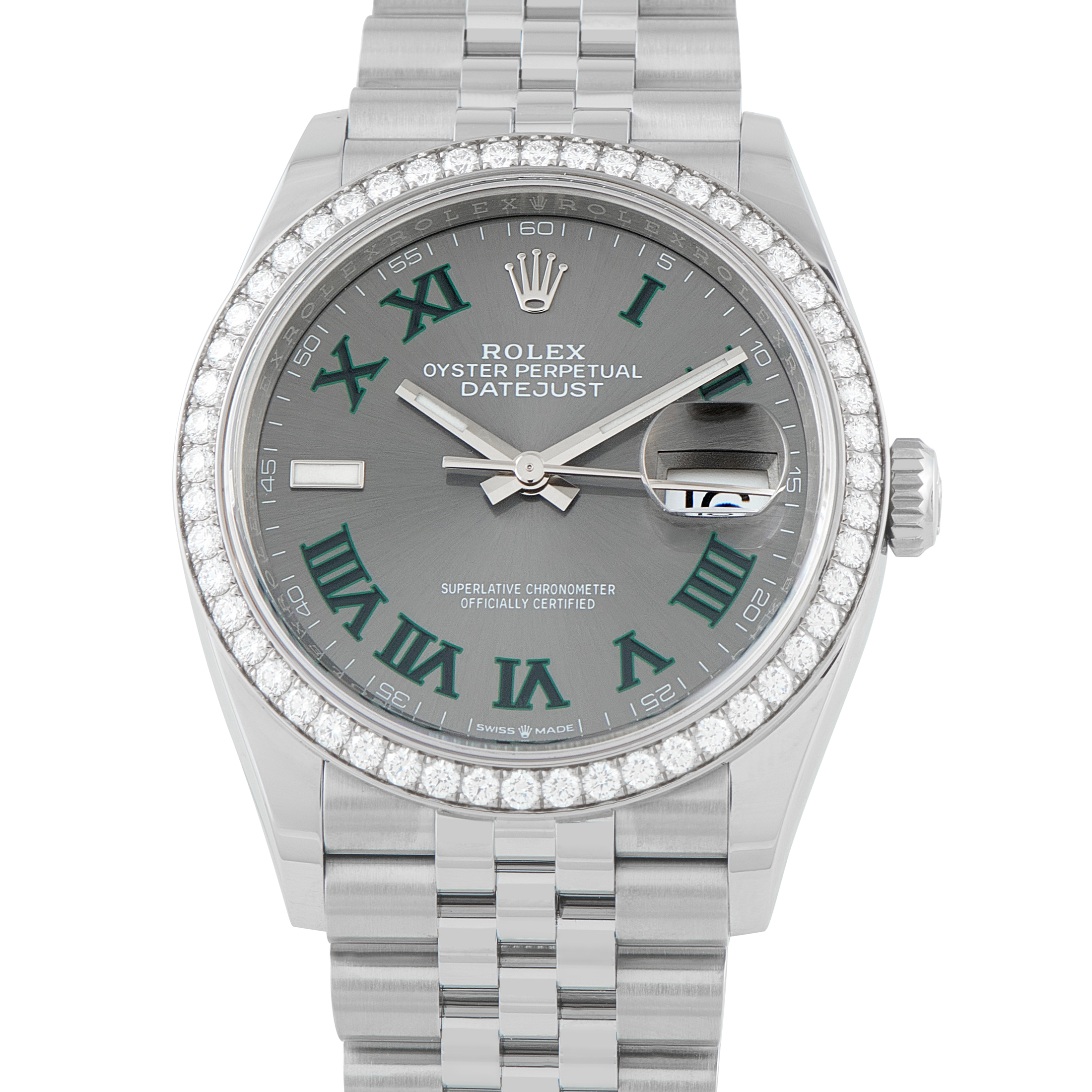 Rolex Datejust 36 Wimbledon Dial Diamond Bezel Jubilee Watch 126284RBR front view