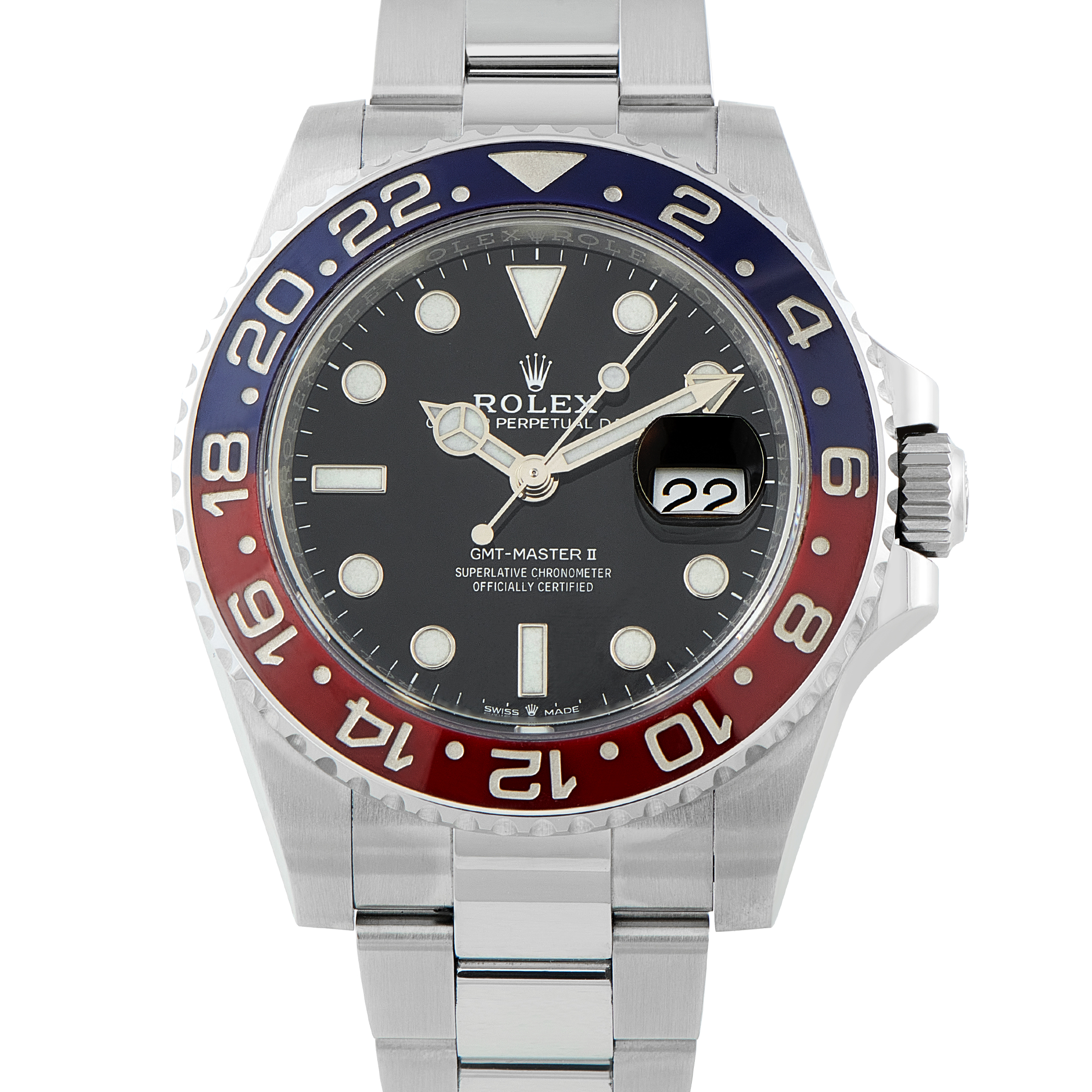 Rolex GMT-Master II Pepsi Steel Oyster Watch 126710BLRO front view