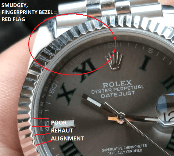 Fake Rolex Datejust with steel bezel and poor rehaut alignment