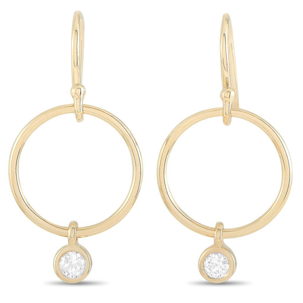 yellow gold hoop dangle earrings with diamond pendant