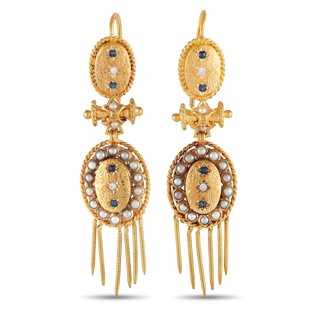 LB Exclusive 18K Yellow Diamond, Sapphire, and Seed Pearl Earrings