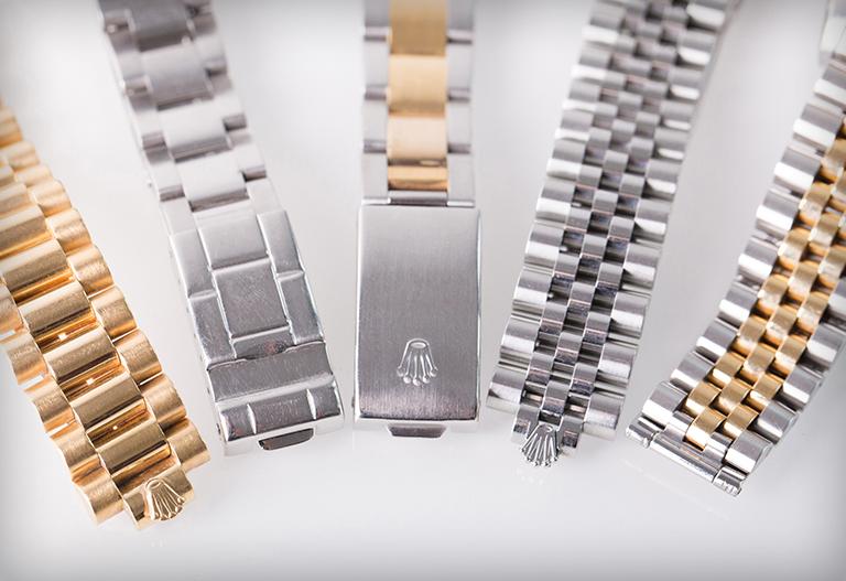 Different types of watch bands from Rolex: Jubllee, Oyster, Pearlmaster, President