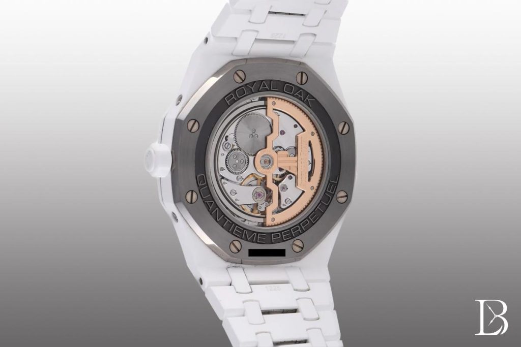 Audemars Piguet Royal Oak Perpetual Calendar White Open Case Back Showing Movement