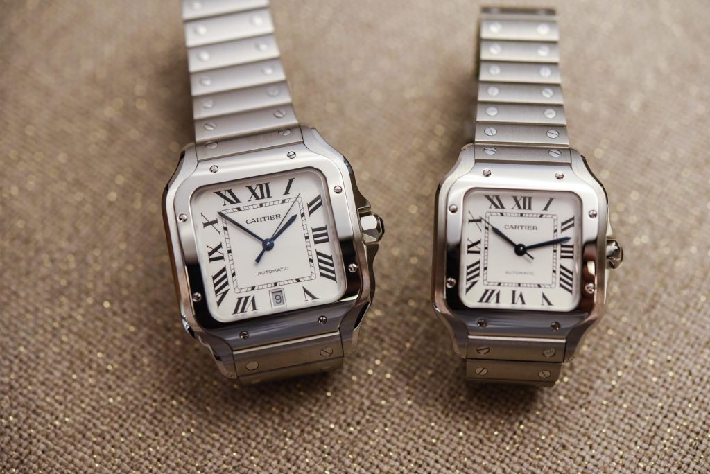 Cartier Santos shown in both large (left) and midsize (right)