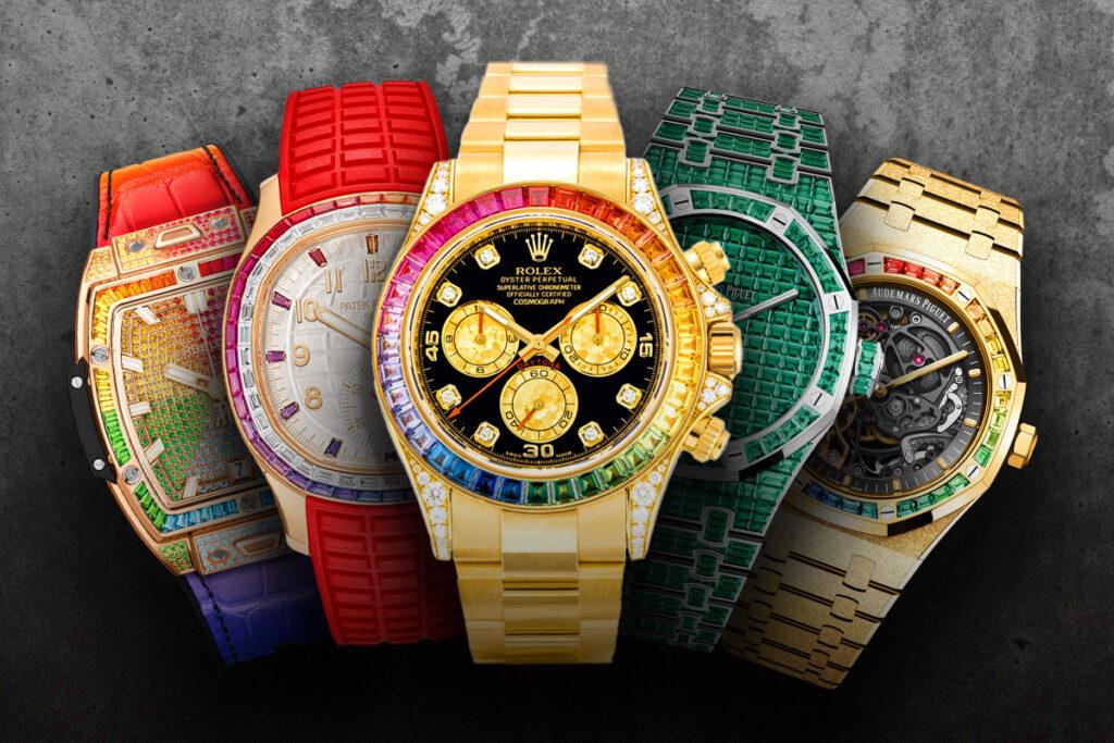 Rainbow gem-set watches from AP, Rolex, Patek, and Hublot